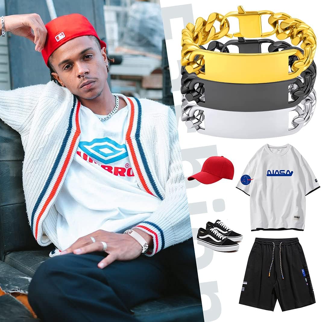 GOLDCHIC JEWELRY Personalized Mens ID Bracelets, Stainless Steel Engraved Bracelets, 7mm-15mm Wide Curb Link Stretch Cuff Bracelets