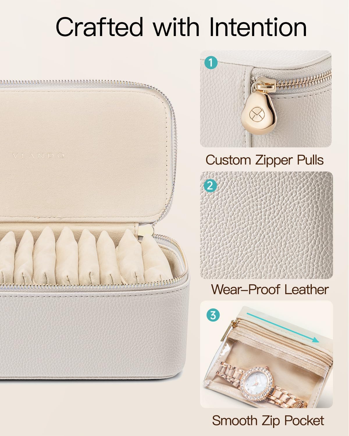 VLANDO Organizador de joyas de viaje de piel sintética con 12 bolsas de terciopelo para joyas, estuche para collares, anillos, regalos para mujer, color blanco-L