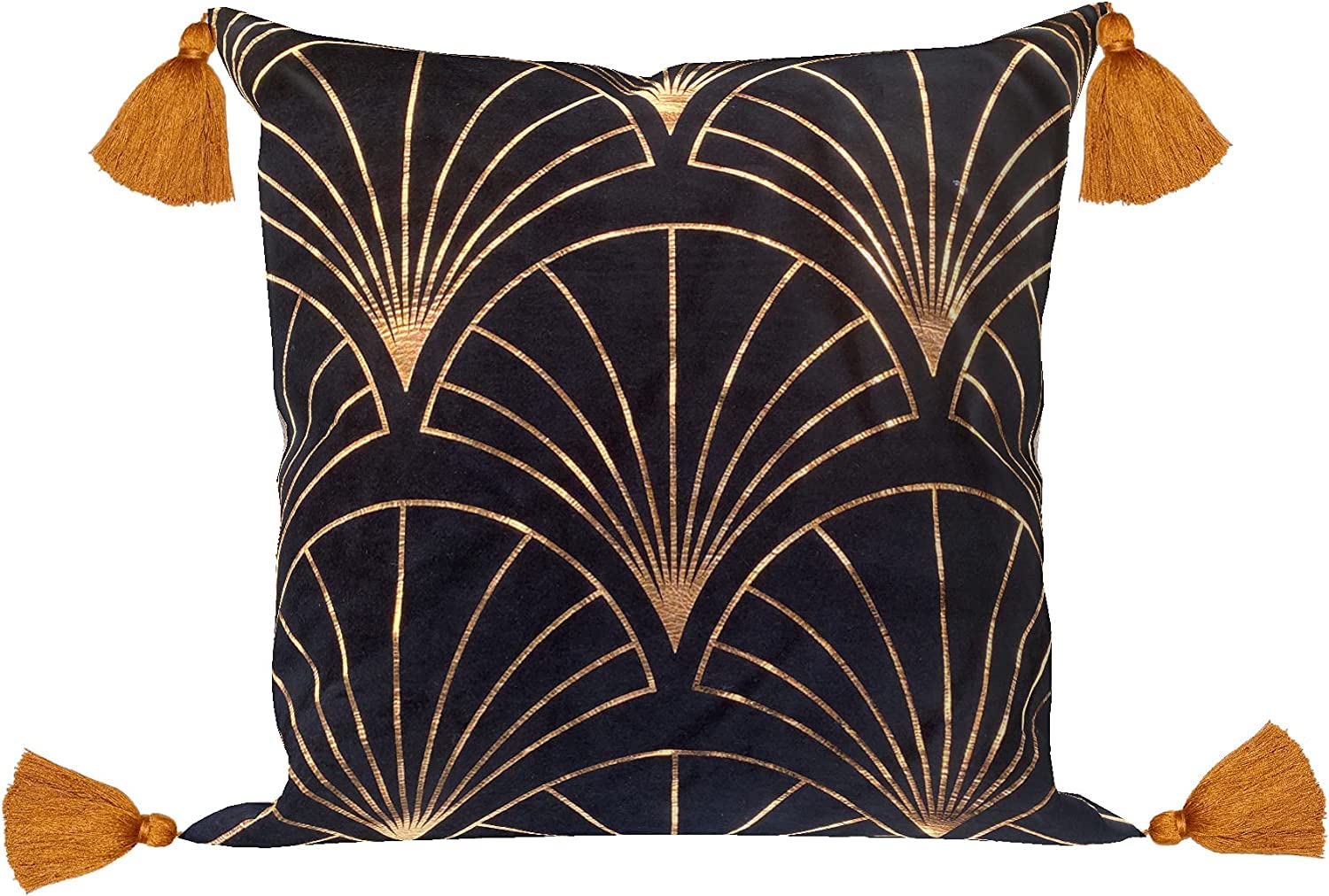 Moroccanity Art Deco Geometric Velvet Copper Foil Tassels Cushion Pillow Cover (Black)