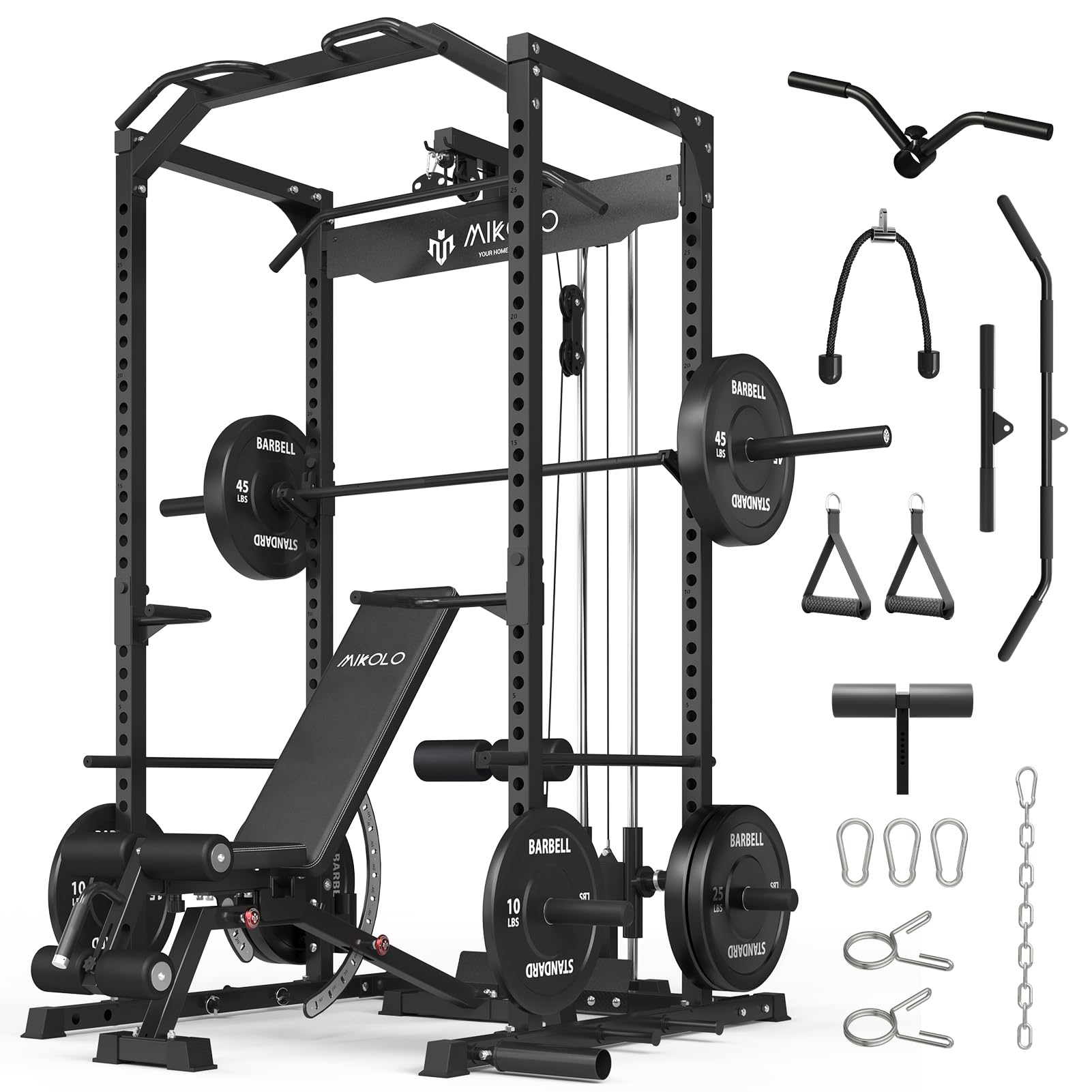 Mikolo F4 2.0 Power Cage with Dual-Track Smooth Pulley System, 1200LBS Power Rack with Leg Hold-Down for Heavy LAT Pulldowns