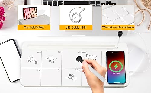 Miniatura 3 de NEXTLUXE - Pizarra blanca de cristal con cargador inalámbrico, pizarra blanca de escritorio con almacenamiento, planificador semanal, almohadilla de