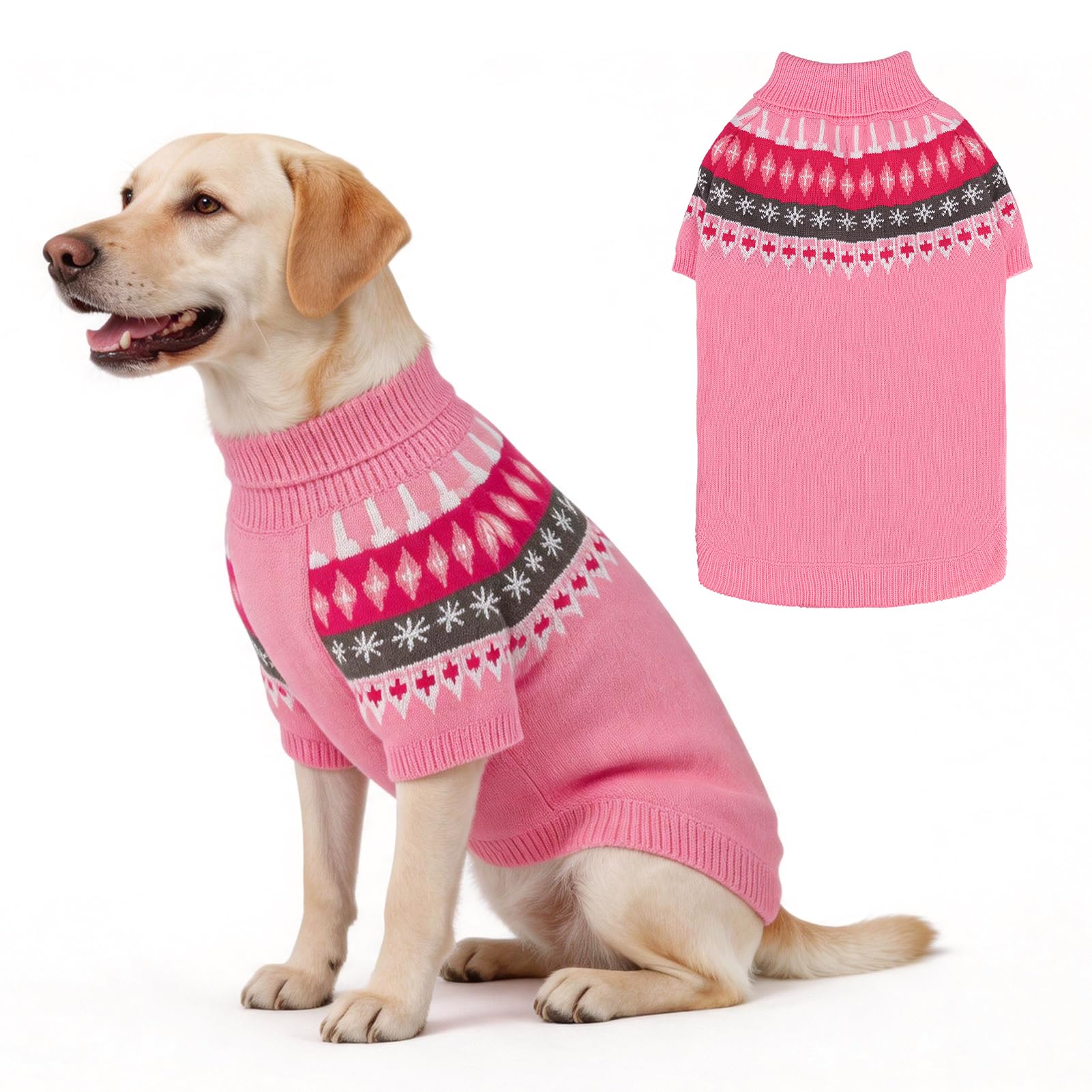 EXPAWLORER Knitted Dog Jumper Turtle Neck in Fair Isle Pattern, Pink XL