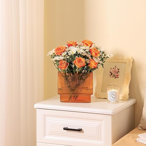 Miniatura 5 de Jarrón de vidrio acanalado, florero de vidrio ámbar, florero de vidrio estriado, florero acanalado, florero transparente, jarrón moderno para sala