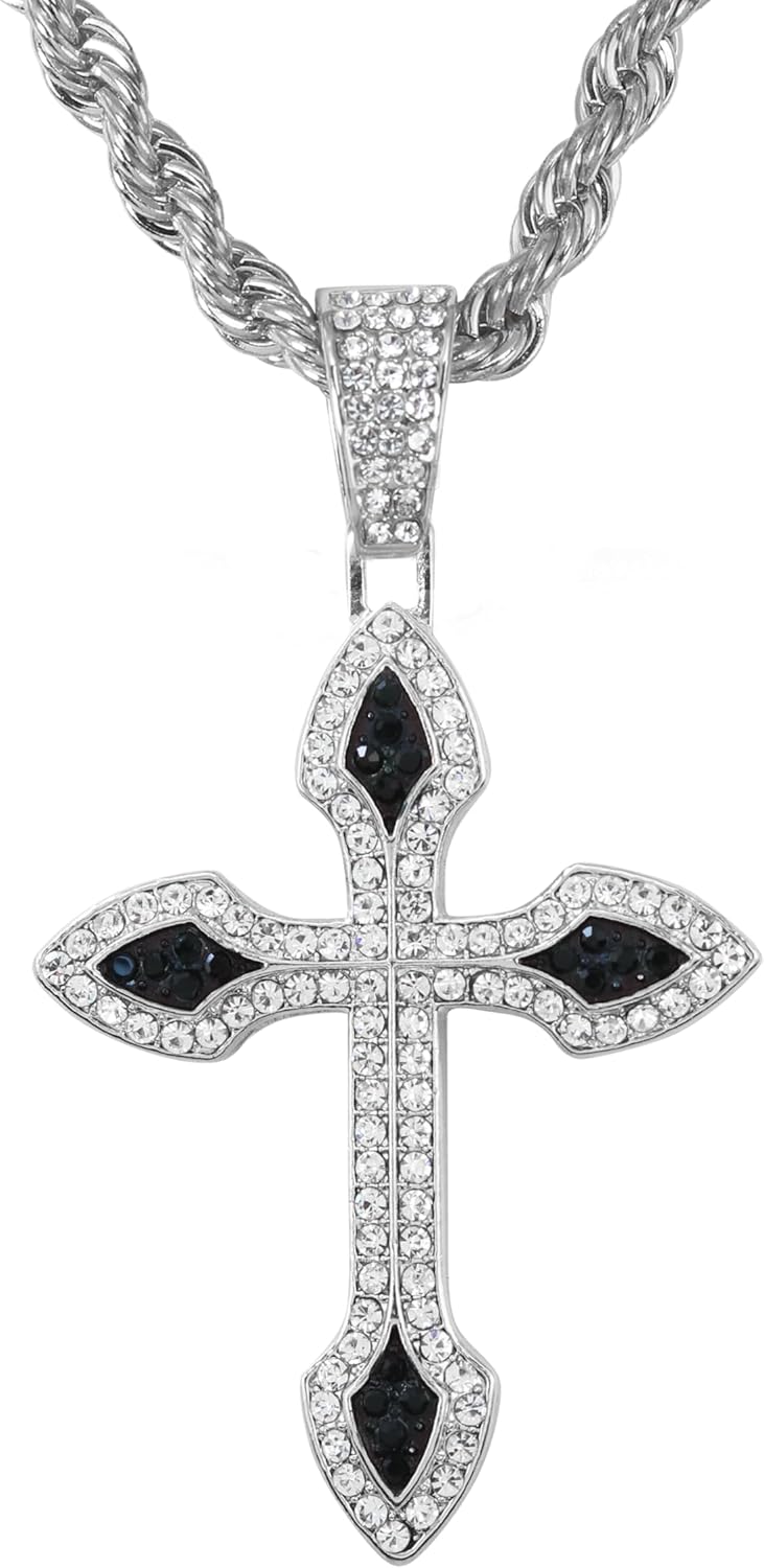 Men’s Iced-Out Cross Pendant with 5mm Rope Chain – Hip-Hop Necklace, Sparkling Statement Jewelry, Gift for Him
