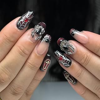 24 Stück Kurze Coffin Press on Nägel in Schwarz mit 3D Spinnen und Spinnennetz Design Wiederverwendbar für Halloween DIY Maniküre