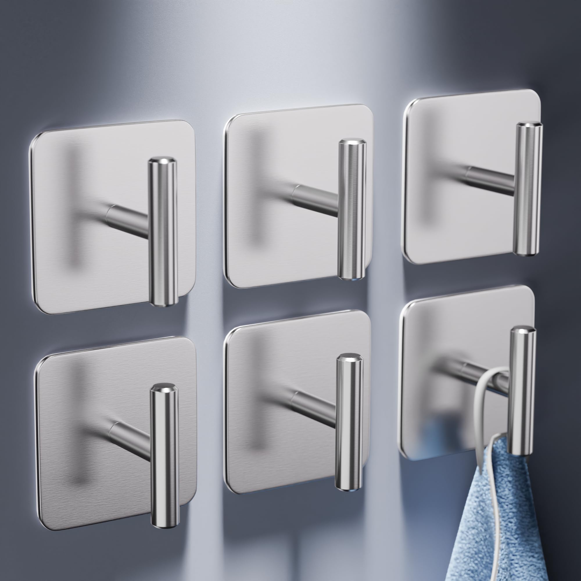 Aikzik 6 Pack Self Adhesive Hooks - 8kg Max, Stainless Steel Stick on Hooks Heavy Duty, Strong Sticky Hooks for Hanging for Towel, Coat, Key, Tea Towel Holder for Bathroom, Kitchen, Door or Wall