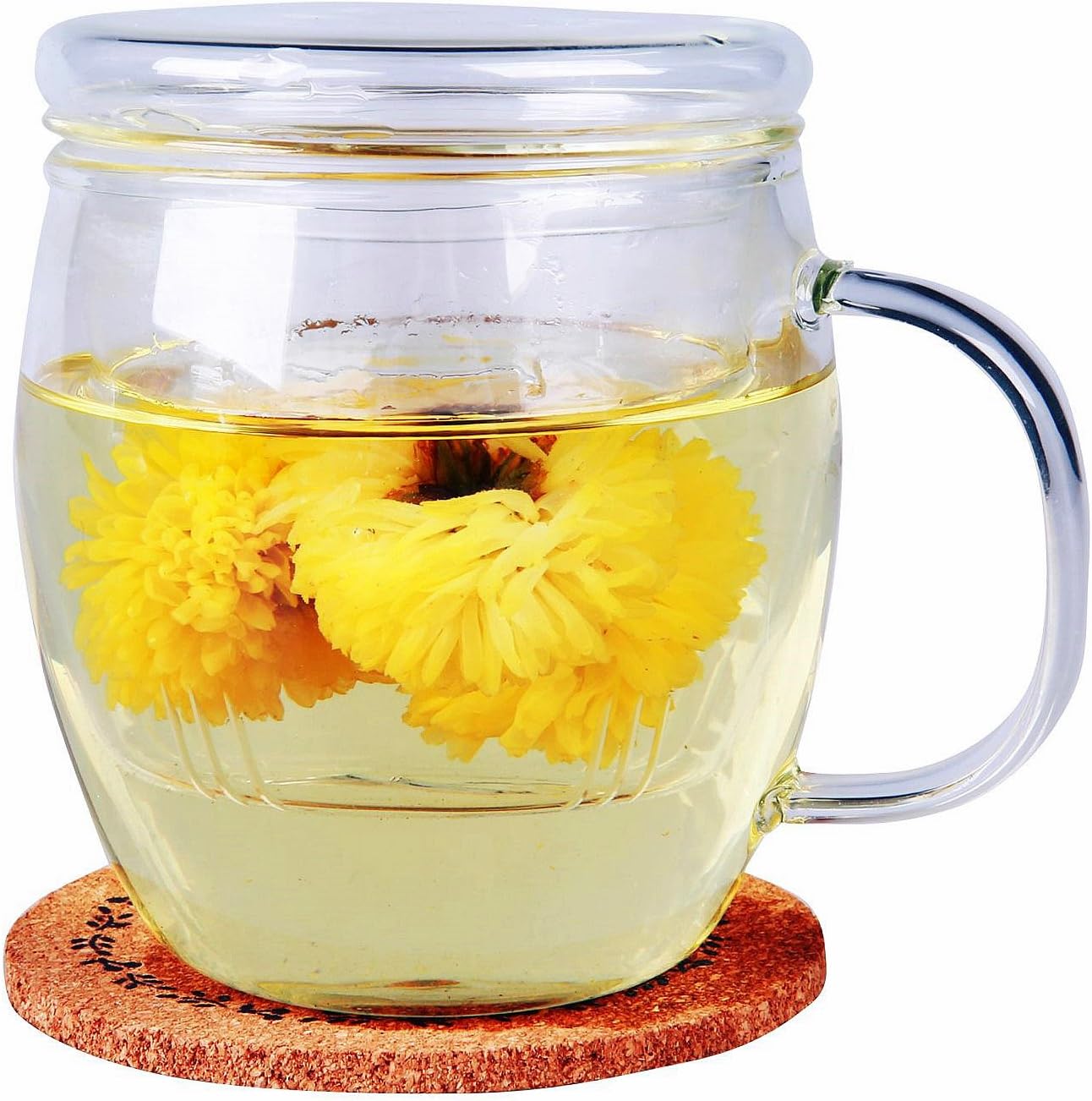 Tea Infuser Mug (16.8 Oz) Set With Glass Tea Strainer Thickened Glass Cup, Lid And Cork Coaster, Prefect Loose leaf Tea Steeper Cup, Portable Tea Maker With Glass Tea Filter, Beautiful Cup From KLS