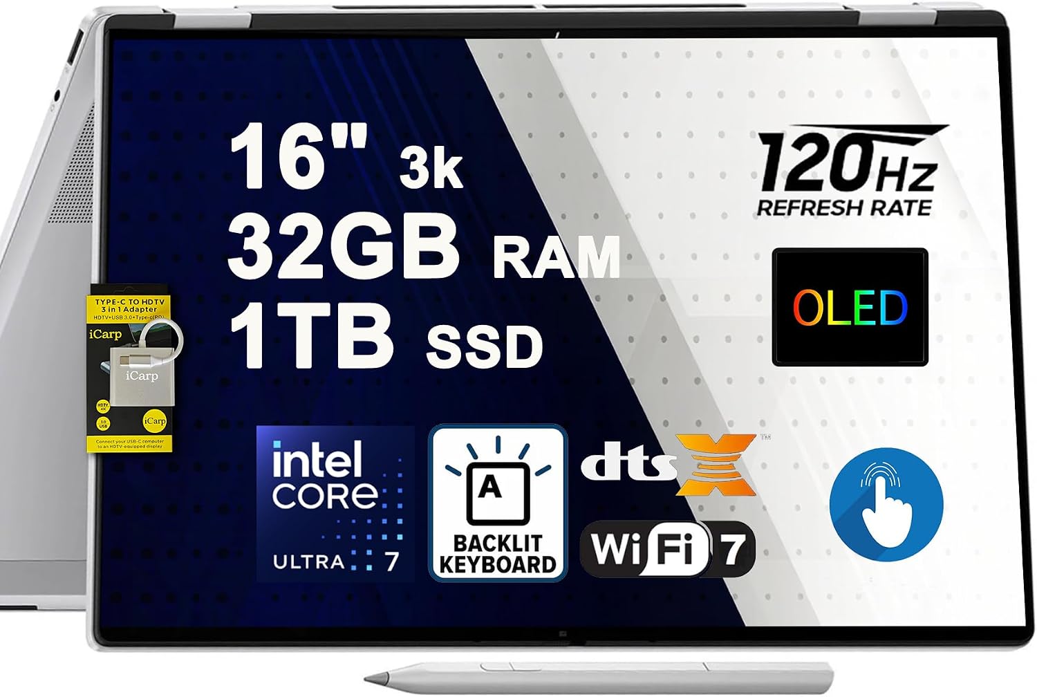 HP OmniBook 7 Flip 16 AI 2-in-1 Laptop 16" 3k OLED 120Hz Touch Intel 8-core Ultra 7 258V (Up to 47 Tops) 32GB RAM 1TB SSD Backlit Wi-Fi7 w/Pen for Creator Designer Business Professional Win11 ICP Hub