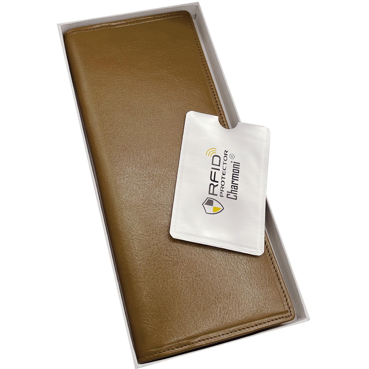 Charmoni - Etui Porte chéquier Longue Talon à Gauche - Protection Anti RFID - 2 Volets - 9 emplacements Carte crédit en Cuir Vachette (Cuir Collet Vache, Taupe)