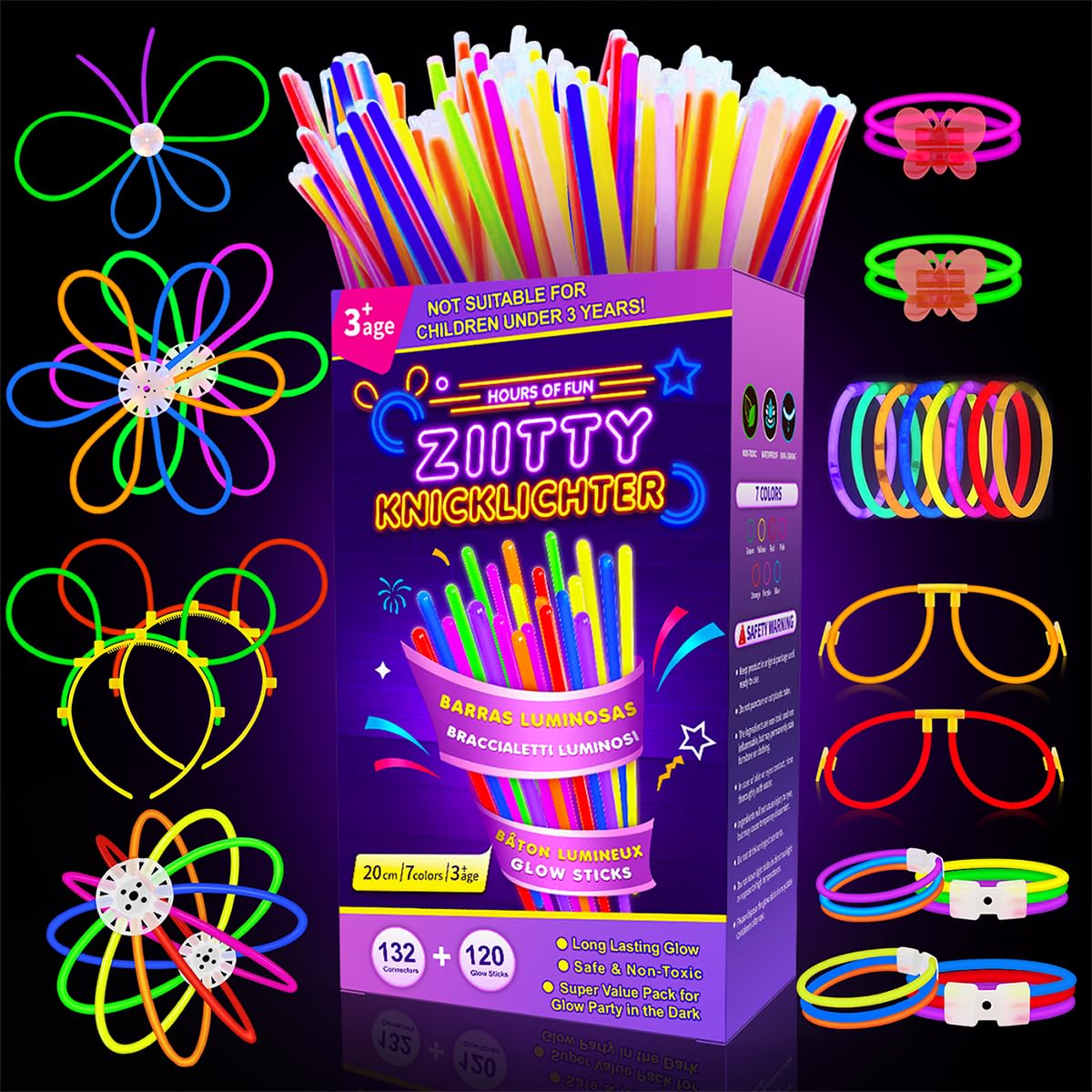 Ziitty Braccialetti Luminosi Fluorescenti, 252 Fluo Party Kit 100 Starlight e 132 Connettori Bambini Starlight Glow Sticks per Bracciali Occhiali Gadget per Comleanno Feste Carnevale Capodanno 2026