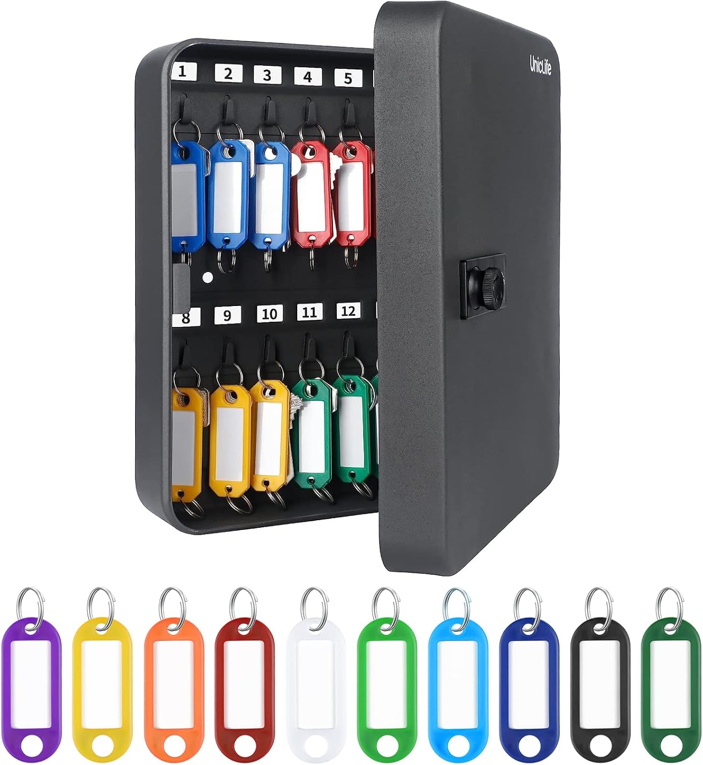 Uniclife 28-Key Steel Key Cabinet Combination Lock Wall Mounted Key Organizer with Large Key Tag Labels Identifiers in 5 Assorted Colors and 40 Pack Tough Plastic Key Tags in 10 Colors