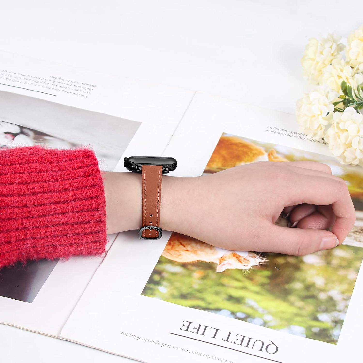 JOYOZY Slim Leather Band for Women Compatible with Apple Watch 49MM 45MM 44MM 42MM 41MM 40MM 38MM, Cute Fancy Top Genuine Leather Strap for iWatch Ultra, Series SE/9/8/7/6/5/4/3/2/1 (Brown/Black)