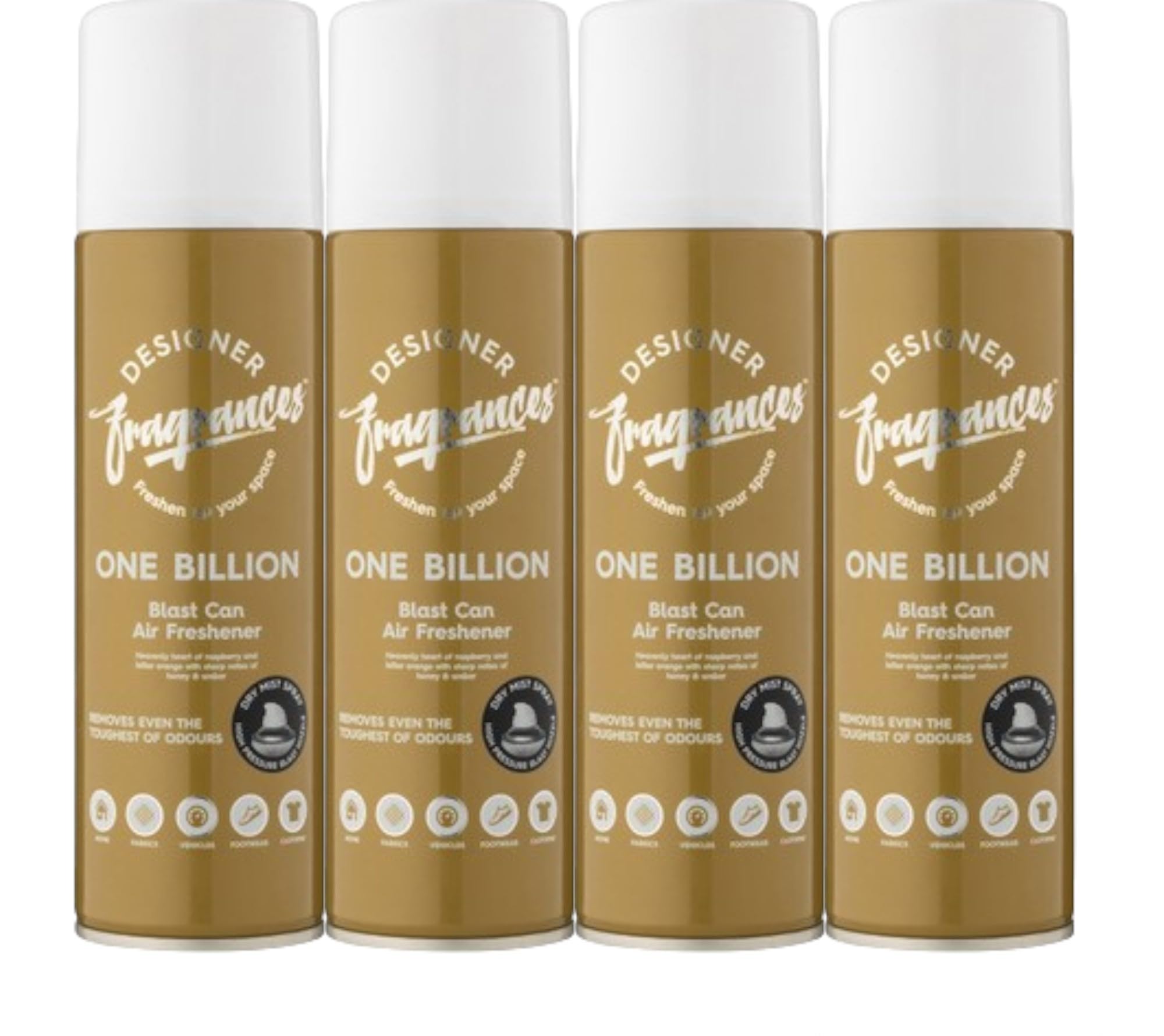 Designer Fragrances 4 Pack One Billion Air Freshener Blast Can- For Home & Vehicles – Natural Oils, Luxury Lasting Smell, Dry Mist Quick Release Spray – Deodorise & Neutralise Odours – 300ml