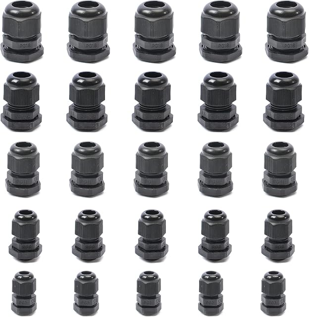 25pcs Cable Gland Nylon Plastic Waterproof Adjustable, Cable Glands Joints Wire Protectors- Pg7, Pg9, Pg11, Pg13.5, Pg16 - Black