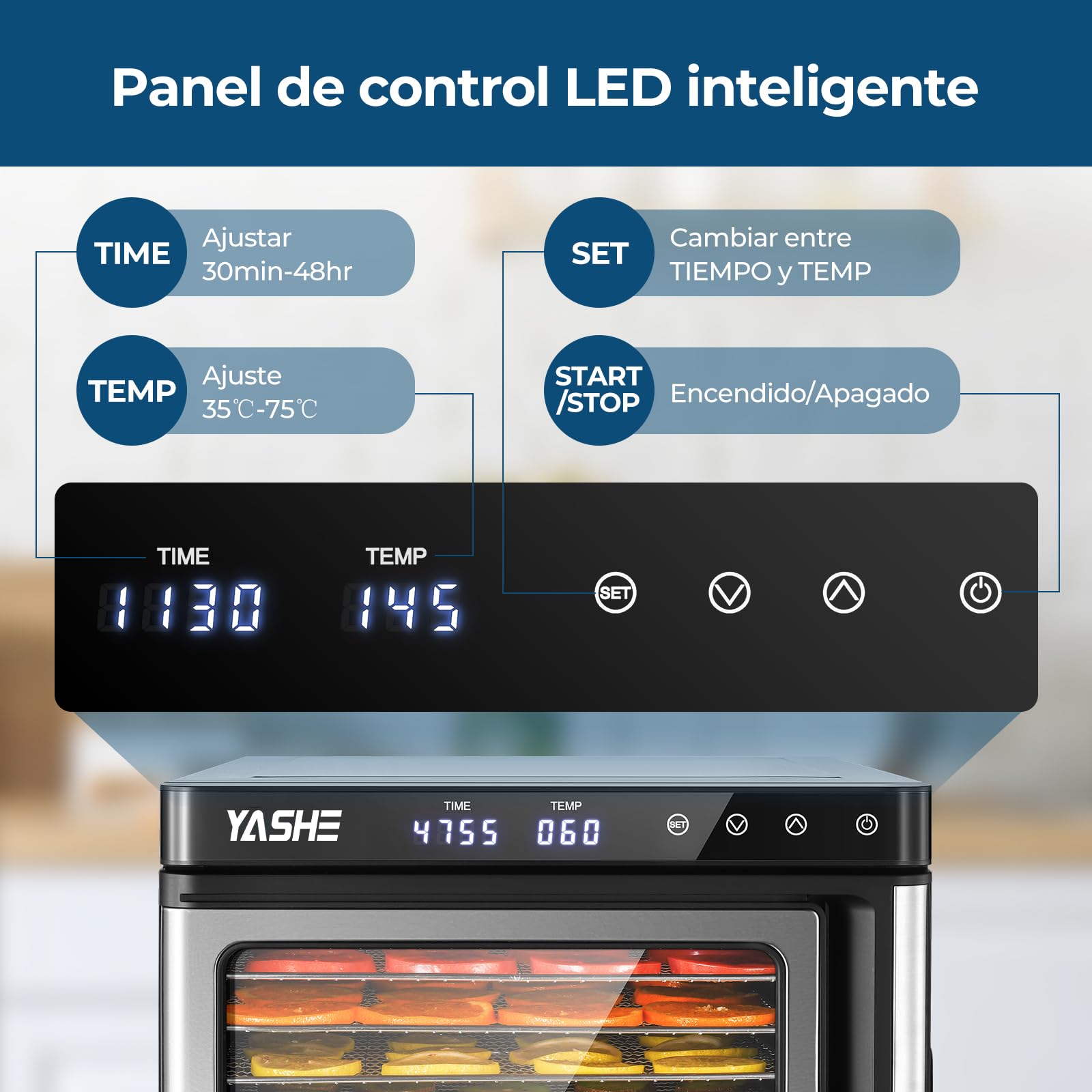 Desidratador de Alimentos de Acero Inoxidable, Control de Temperatura (35-75°C), Temporizador de 48 Horas, 9 Bandejas de Acero Inoxidable, 2 Tamices de Malla, 1 Bandeja para Rollos de Frutas, 1000W