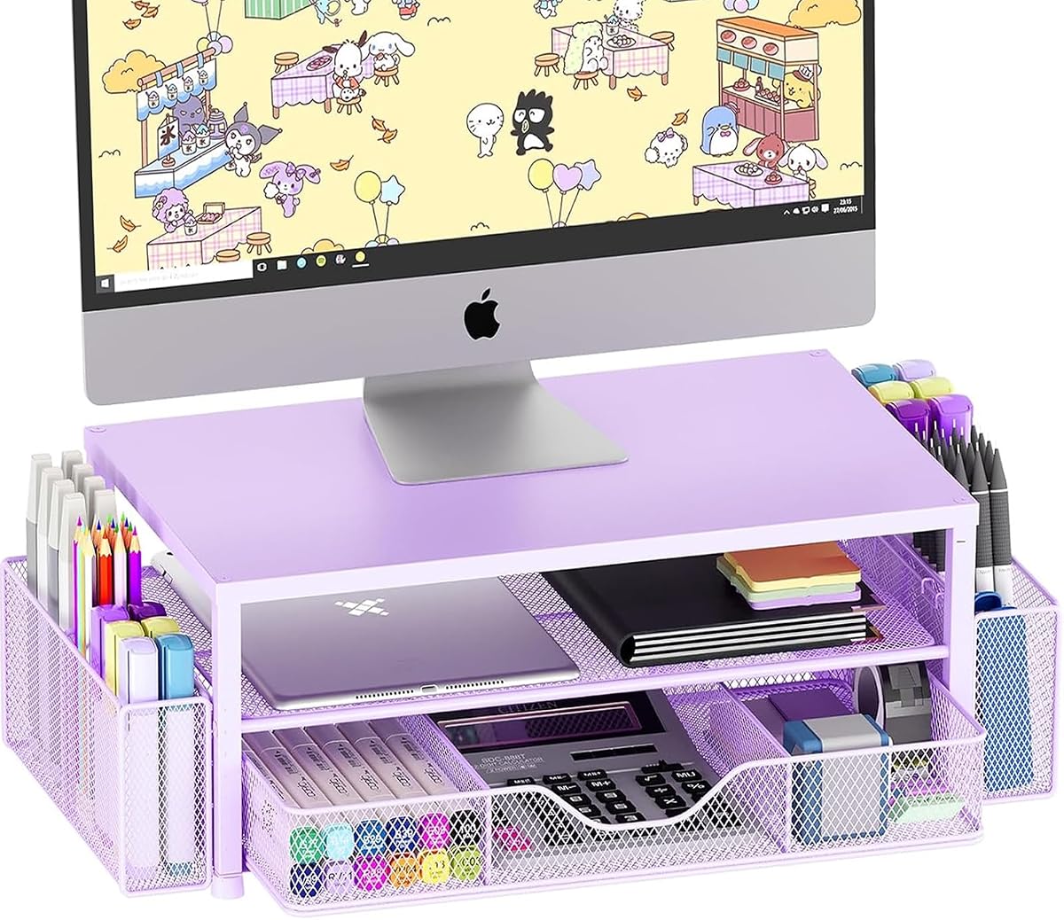 Organizador de escritorio y accesorios, soporte elevador para monitor de computadora de 2 niveles con cajón y 2 portalápices, soporte para computadora portátil, accesorios de escritorio de oficina para suministros de oficina, 1 paquete, morado