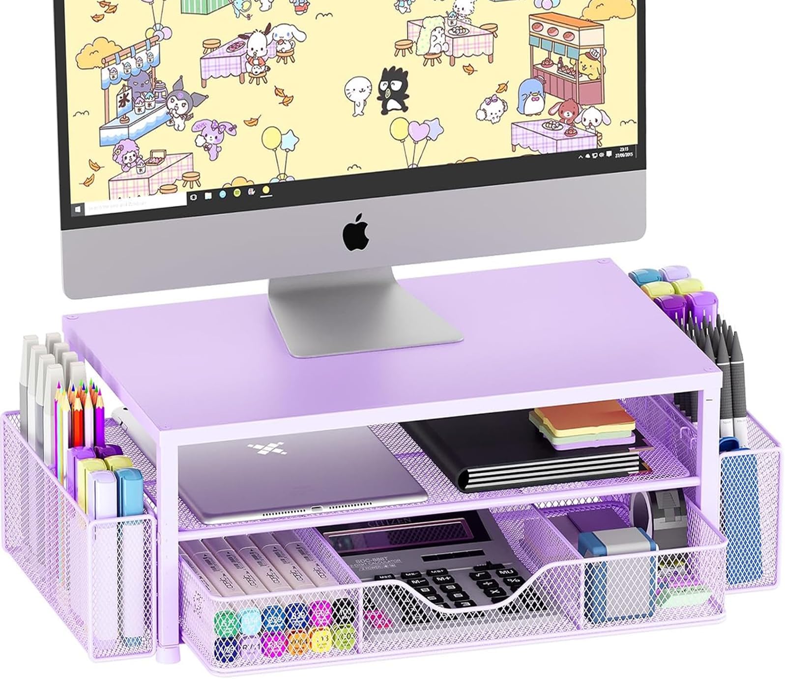 OPNICE Desk Organizers and Accessories, 2-Tier Computer Monitor Stand Riser with Drawer and 2 Pen Holders, Laptop Stand, Office Desk Accessories & Office Decor for Women, Purple