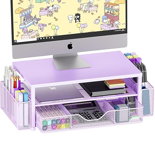 OPNICE Desk Organizers and Accessories, 2-Tier Computer Monitor Stand Riser with Drawer and 2 Pen Holders, Laptop Stand, Office Desk Accessories & Office Decor for Women, Purple