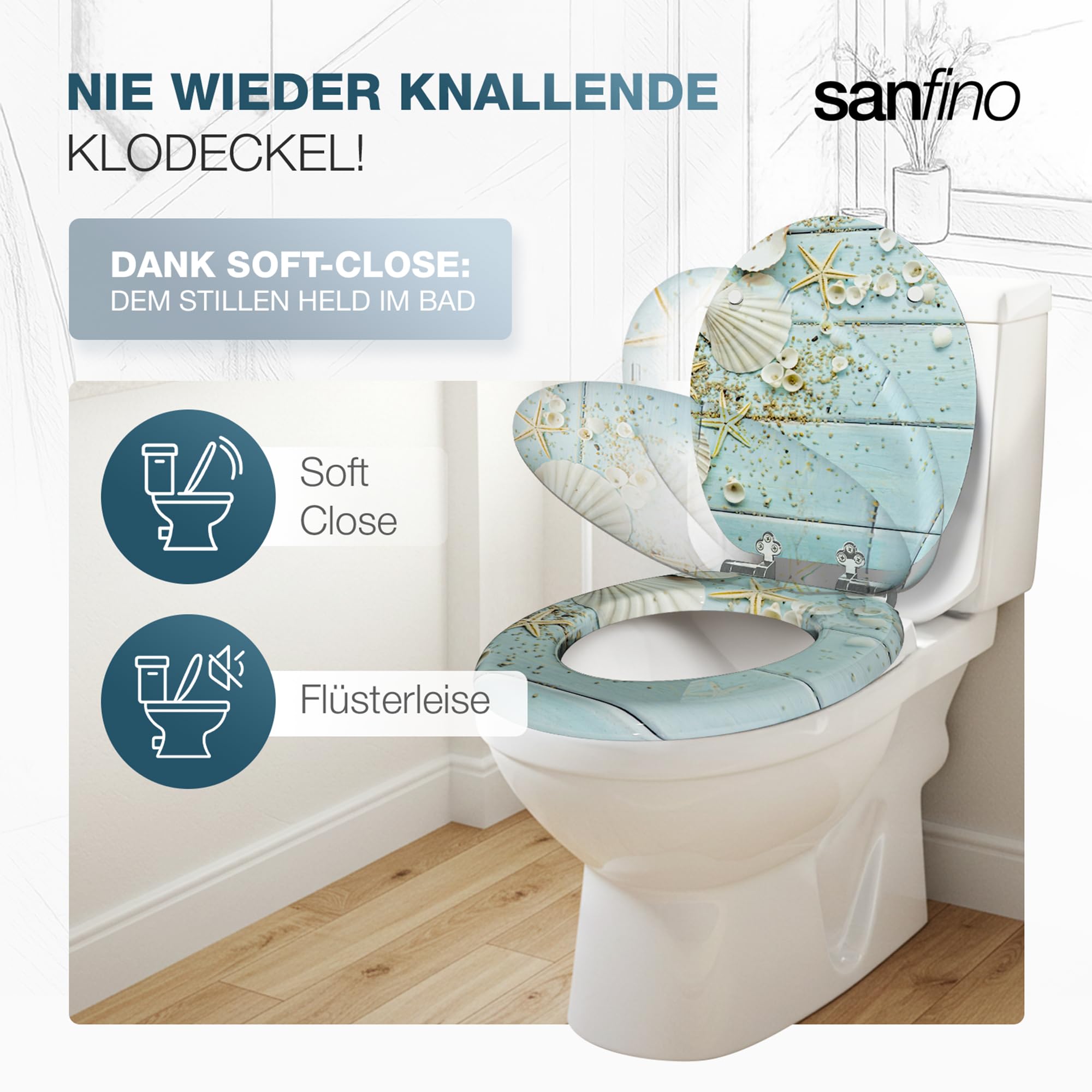Premium WC Sitz mit Absenkautomatik – hochwertige Toilettendeckel aus Holz, viele bunte Motive, hoher Sitzkomfort, einfache Montage inklusive Montageanleitung – "Caribbean Blue"