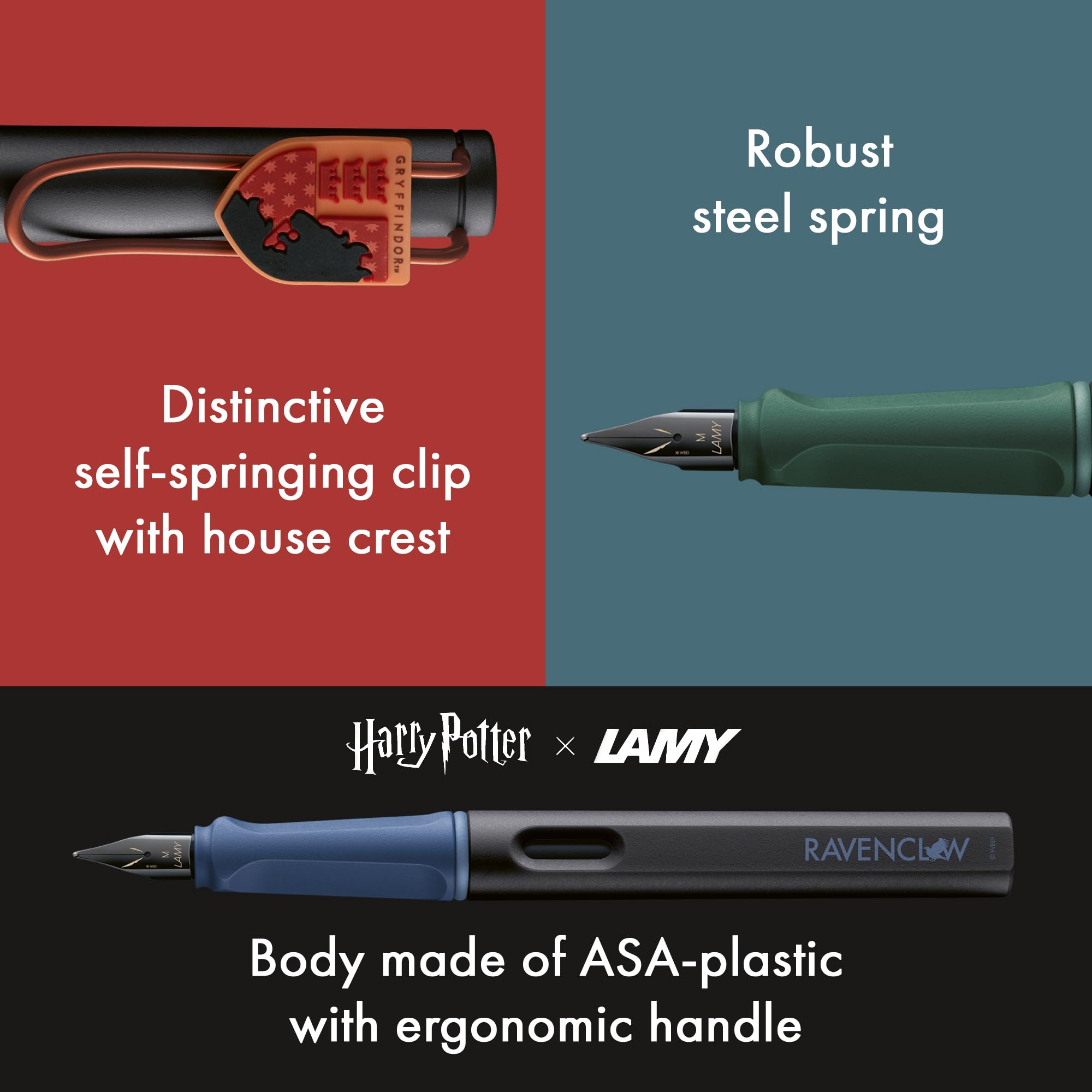 Lamy safari Harry Potter 4-częściowy zestaw piór wiecznych z herbem domów – stalówka o szerokości kreski EF – z ergonomicznym uchwytem – w zestawie wkład atramentowy T10 niebieski – dla osób