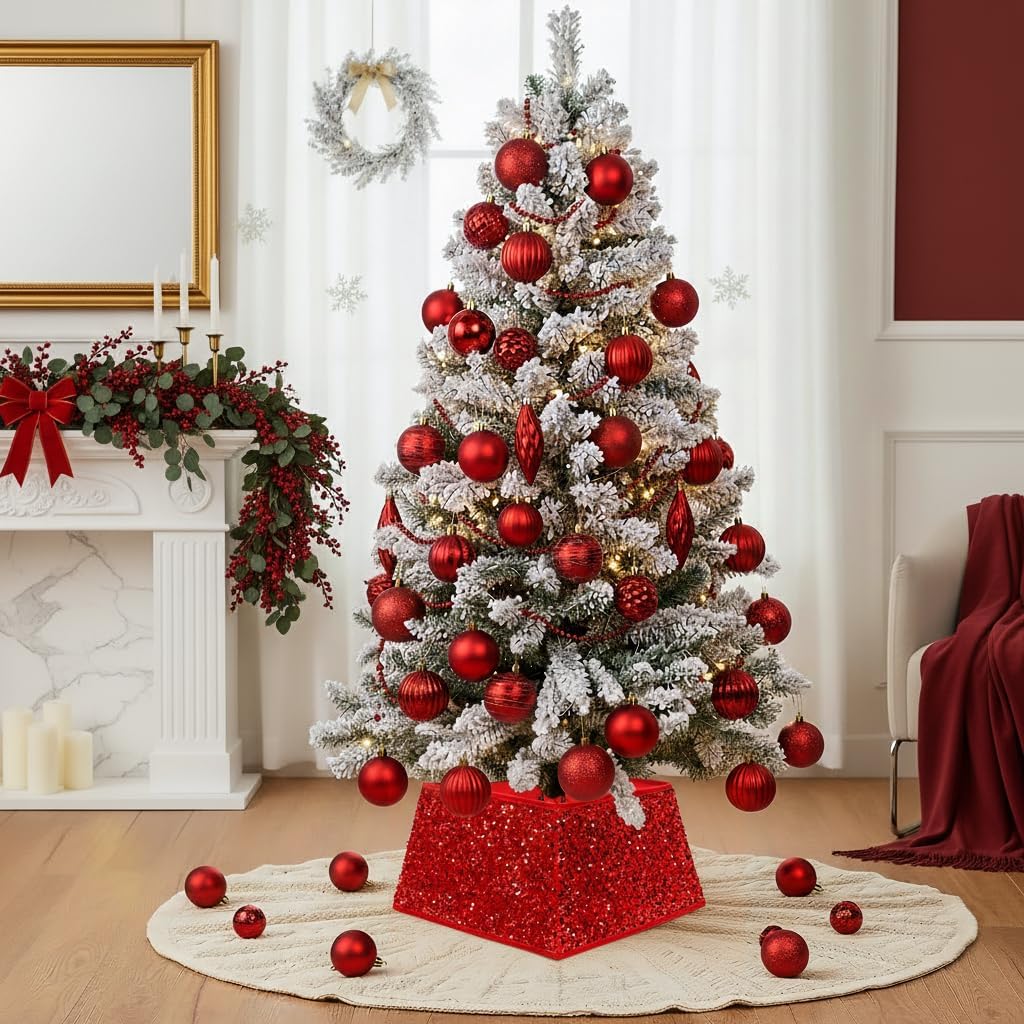 XmasExp Christmas Tree Collar 24 inch Sequin Tree Skirt for Christmas Holiday Home Decor Xmas Tree Ring Stand Base Cover Small Size 4 Piece Red