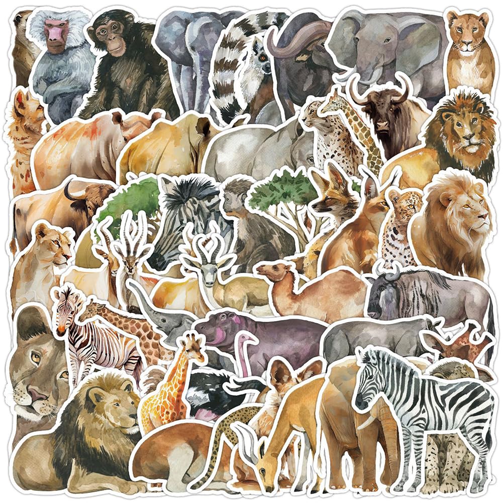 50Pcs African Savannah Animals Stickers Waterproof Vinyl Decals for Adult Teen Kids Cup Water Bottles Laptop Luggage Computer Mobile Phone Guitar Skateboard Decoration