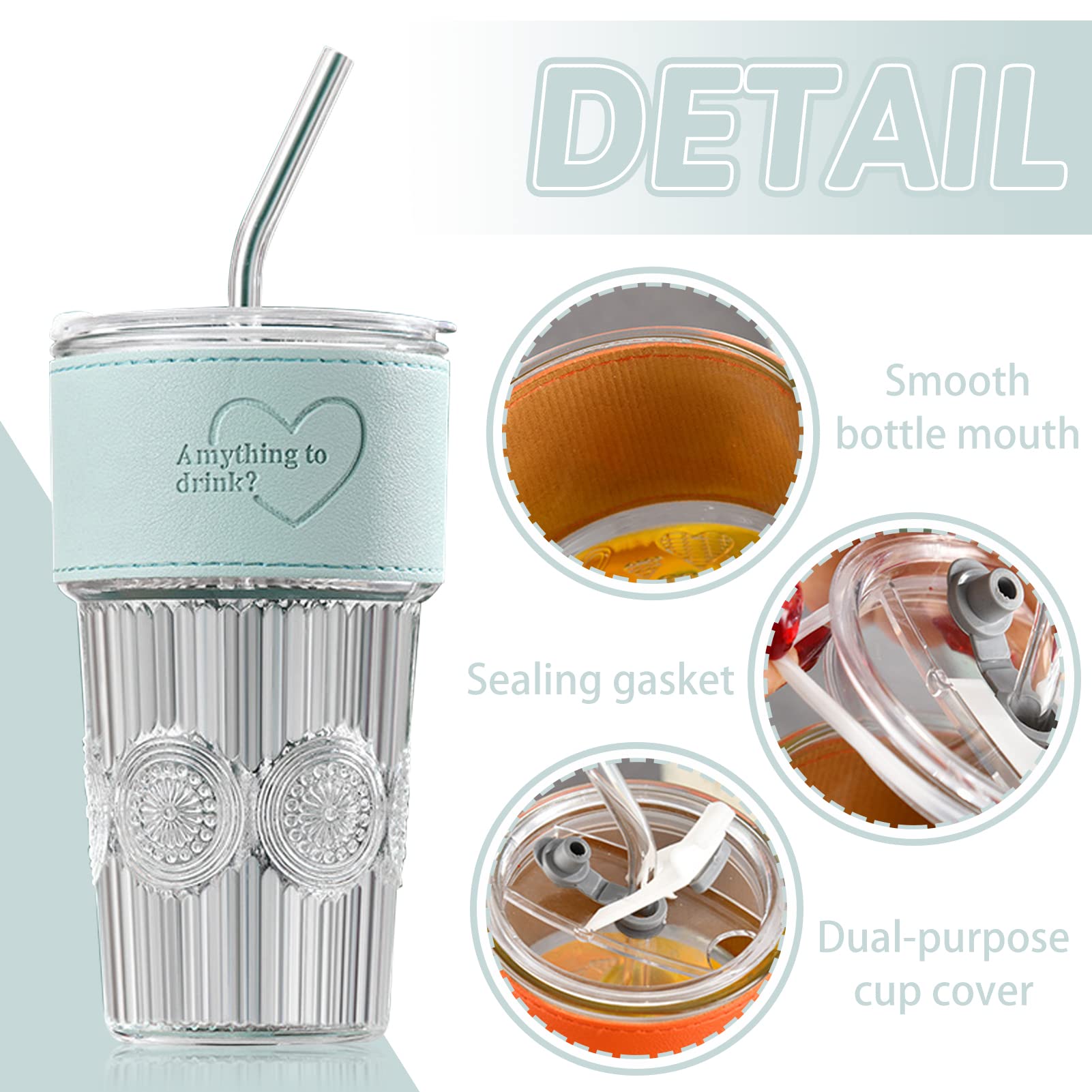 Lot De 2 Gobelets En Verre De 530 Ml Avec Couvercle Et Paille - Design Nervuré, Pour Café Glacé, Thé, Boissons