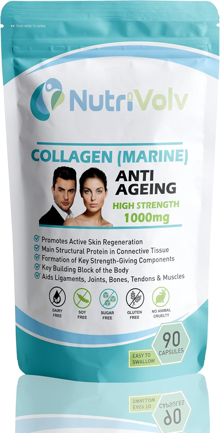 NutriVolv Collagen Marine 1000mg Supplement | Anti-Ageing Support for Skin, Joints, Bones, Muscles & Tissue Health | 90 Capsules | Boosts Skin Elasticity & Joint Mobility
