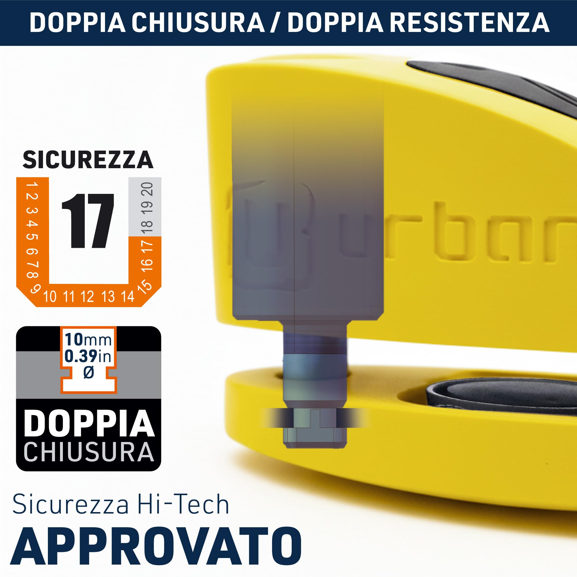 URBAN UR910Y Bloccadisco Moto con Allarme 120 dB, Giallo+Nero in Acciaio Inox Verniciato +Dissuasivo, Omologato SRA e Sold Secure Gold, Doppia Chiusura Ø10 mm, Lucchetto Antifurto Blocca Disco Moto