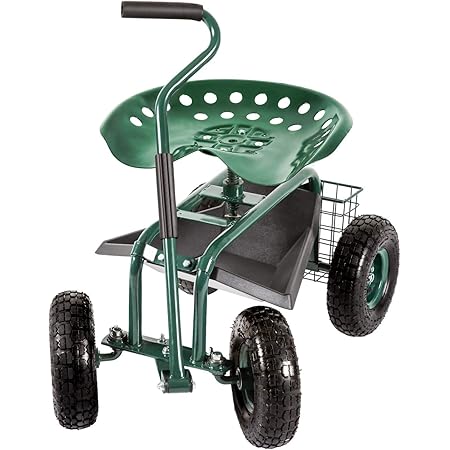 Amazon Com Sunnydaze Garden Cart Rolling Scooter With Extendable Steer Handle Swivel Seat Utility Tool Tray Red Garden Outdoor