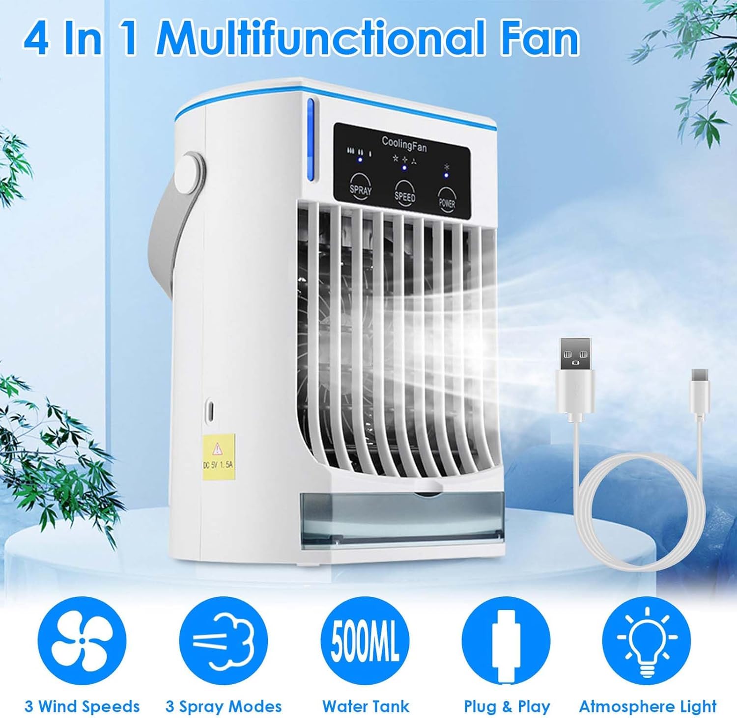 Portable Air Conditioners, 3 Wind Speeds Personal Cooling Fan with Night Light, 4 in 1 Air Cooler Mini Air Conditioner Portable for Home Office Room Car Camping