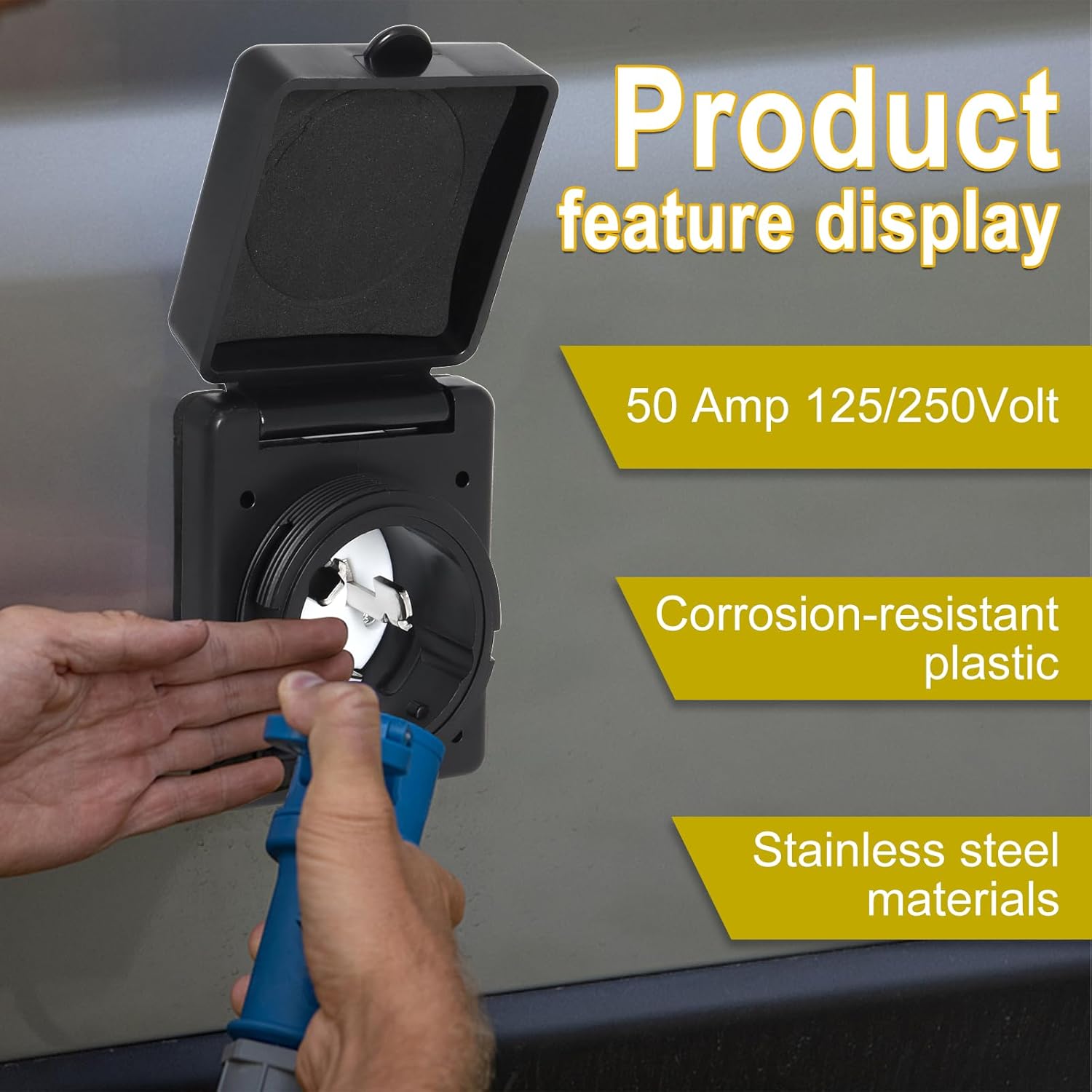 50 AMP RV Power Inlet Plug Set, 125V 250V Electrical Power Inlet with Connector Plug Cord Cover Ring for RV Camper Trailer Boat Caravan Truck Yacht (Black)