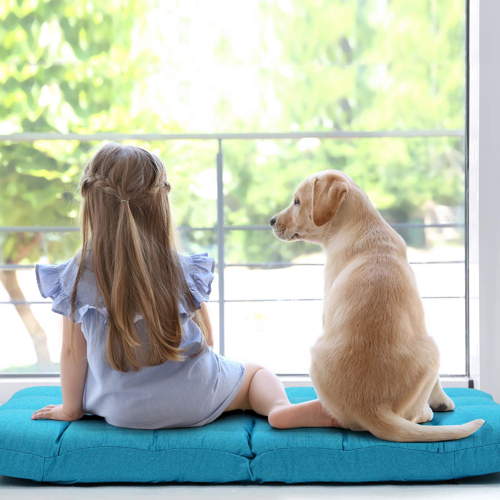COSTWAY Chaise de Sol pour Méditation - 14 Positions Réglable Cadre en Acier Robuste Tissu en Coton et Lin Respirant,Housse Amovible et Lavable Idéal pour Salon et Salle d'étude (Bleu Poan)
