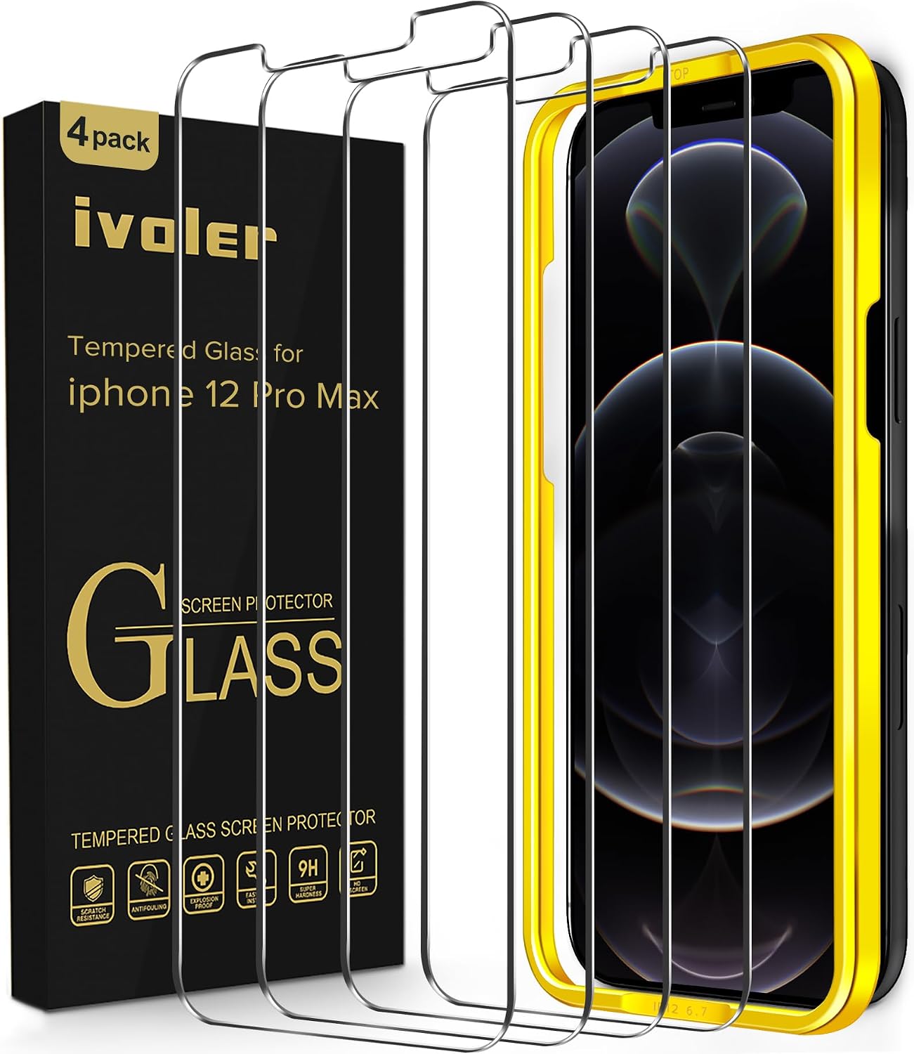 ivoler [4 Pack] Screen Protetcor for iPhone 12 Pro Max [Military Grade Shatterproof] [Eye Protection] [Easy Installation Tray],9H Hardness Tempered Glass 6.7''-Work Most Case