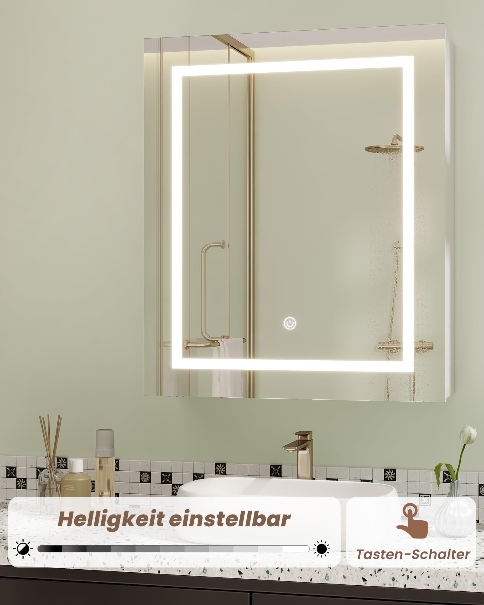 KIMENICH Spiegelschrank, Badezimmer Spiegelschranks mit licht, Spiegelschrank Bad mit Beleuchtung und Verstellbaren Ablagen, Berührung Sensorschalter, 3 Farbtemperatur dimmbare, Weiß