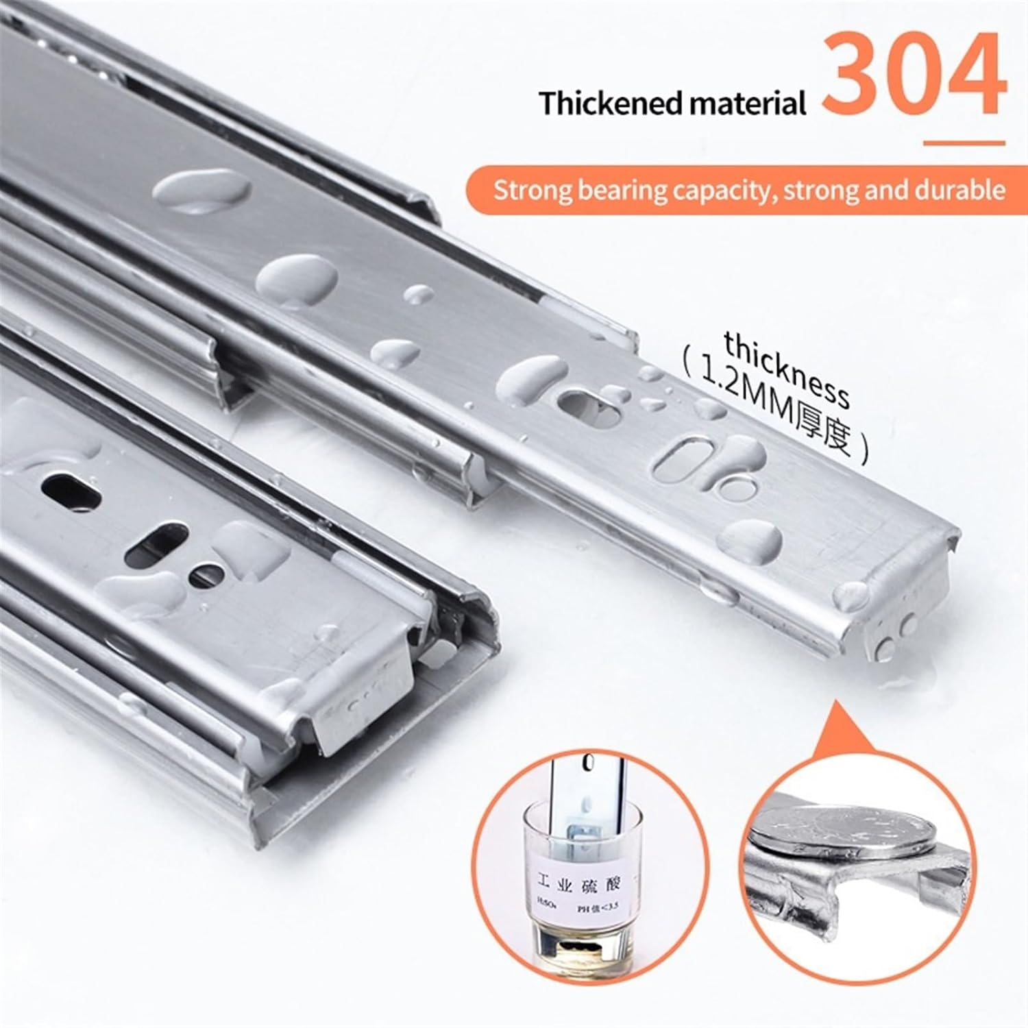 Hardware Full Extension Side Mount Drawer Slides 304 Stainless Steel Drawer Slide Three-Section Thickened Buffer Static Damping Guide((buffer1.0MM) 500mm)