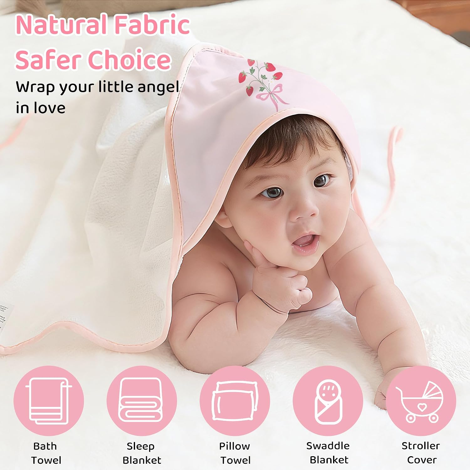 Mooreeke Baby Towel with Hood for Girls Strawberry Bath Towel for Babies Ultra Soft Absorbent 3 PCS Baby Towels and 3 PCS Washcloths for Newborn Essentials