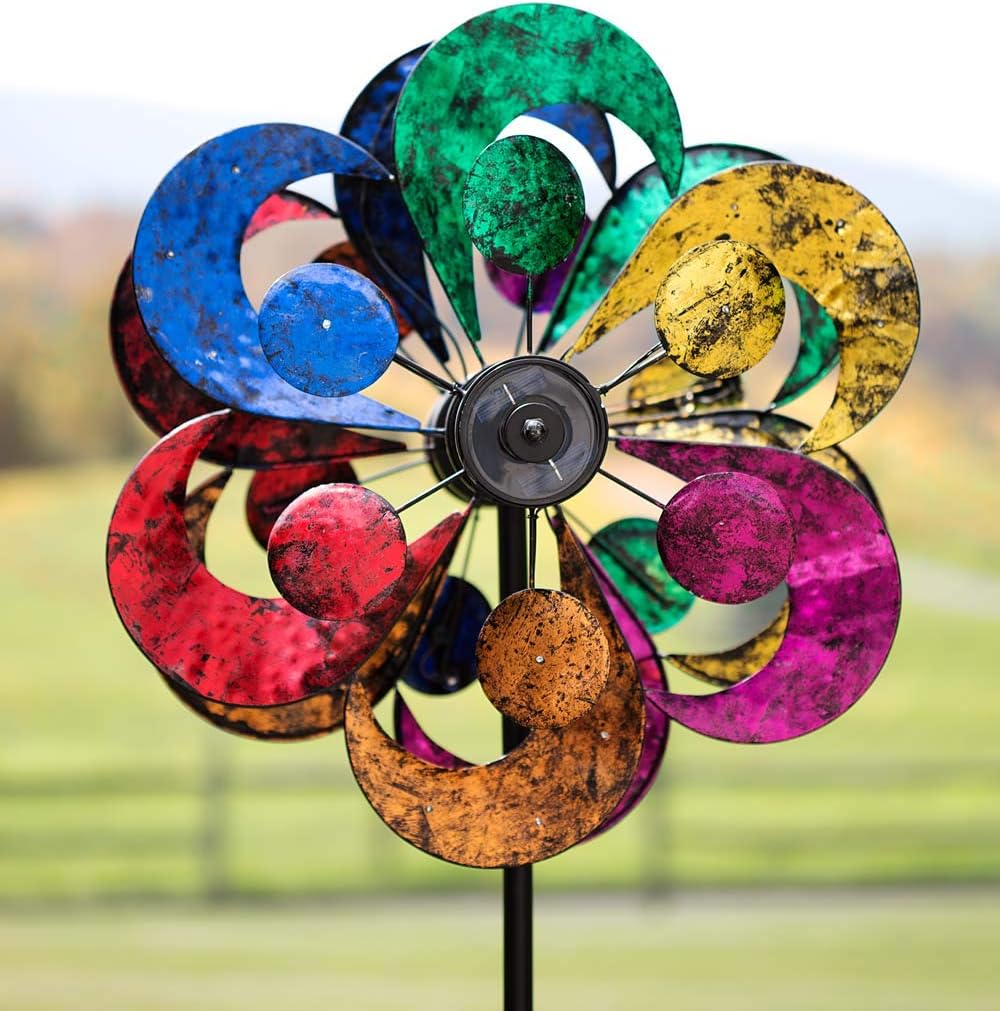 Plow & Hearth Solar Gala Wind Spinner - Enchanting 7ft Multicolor 4-Blade Wind Art | 24"x20.75"x84" | Integrated Solar Panels | LED Lights | Mesmerizing Garden Display