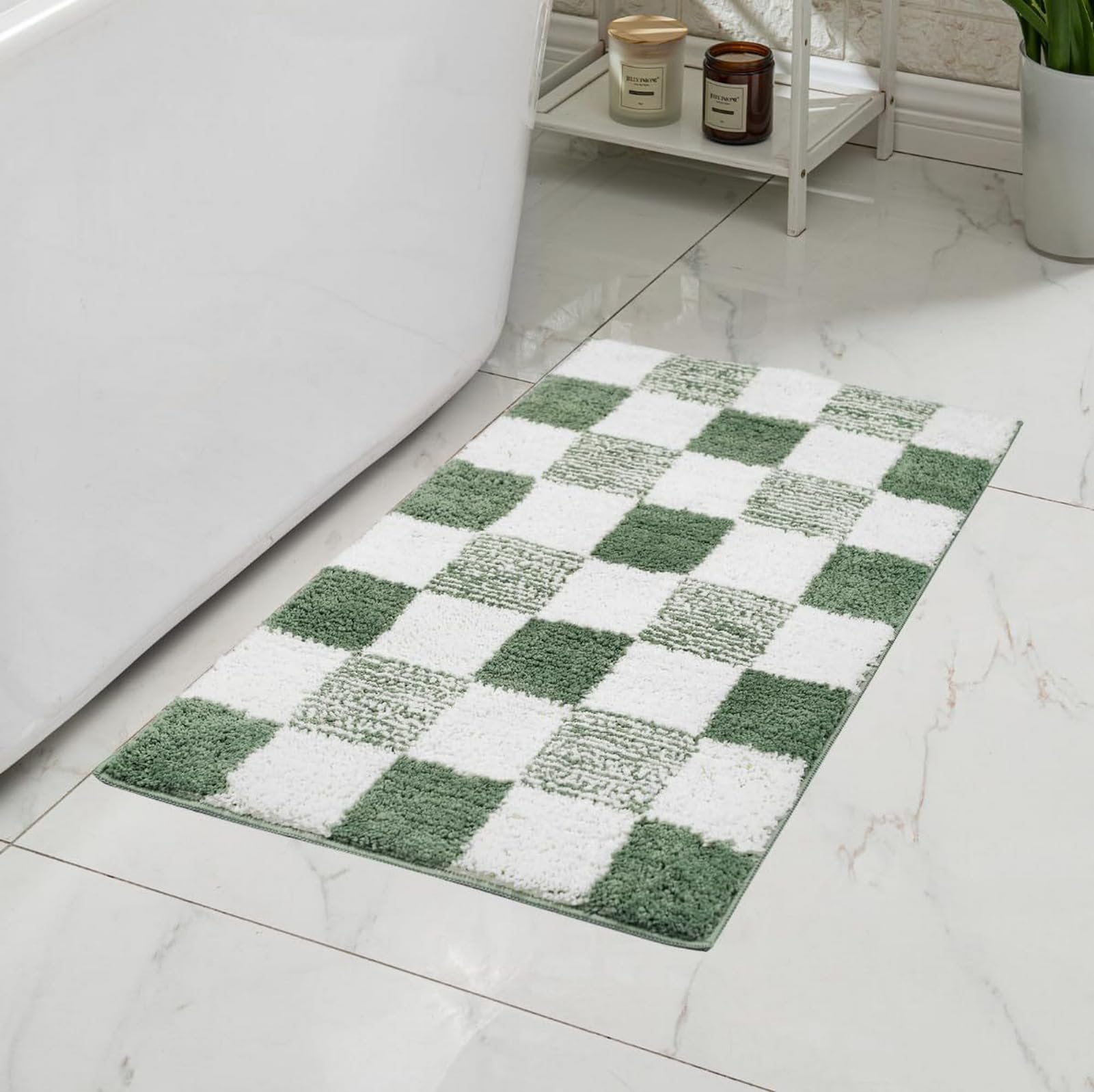 Lifup Tappeti Bagno a Quadri in Microfibra Morbida e Assorbente, Lavabile in Lavatrice Asciugatura Rapida a Peluche Verde 60 x 90 cm