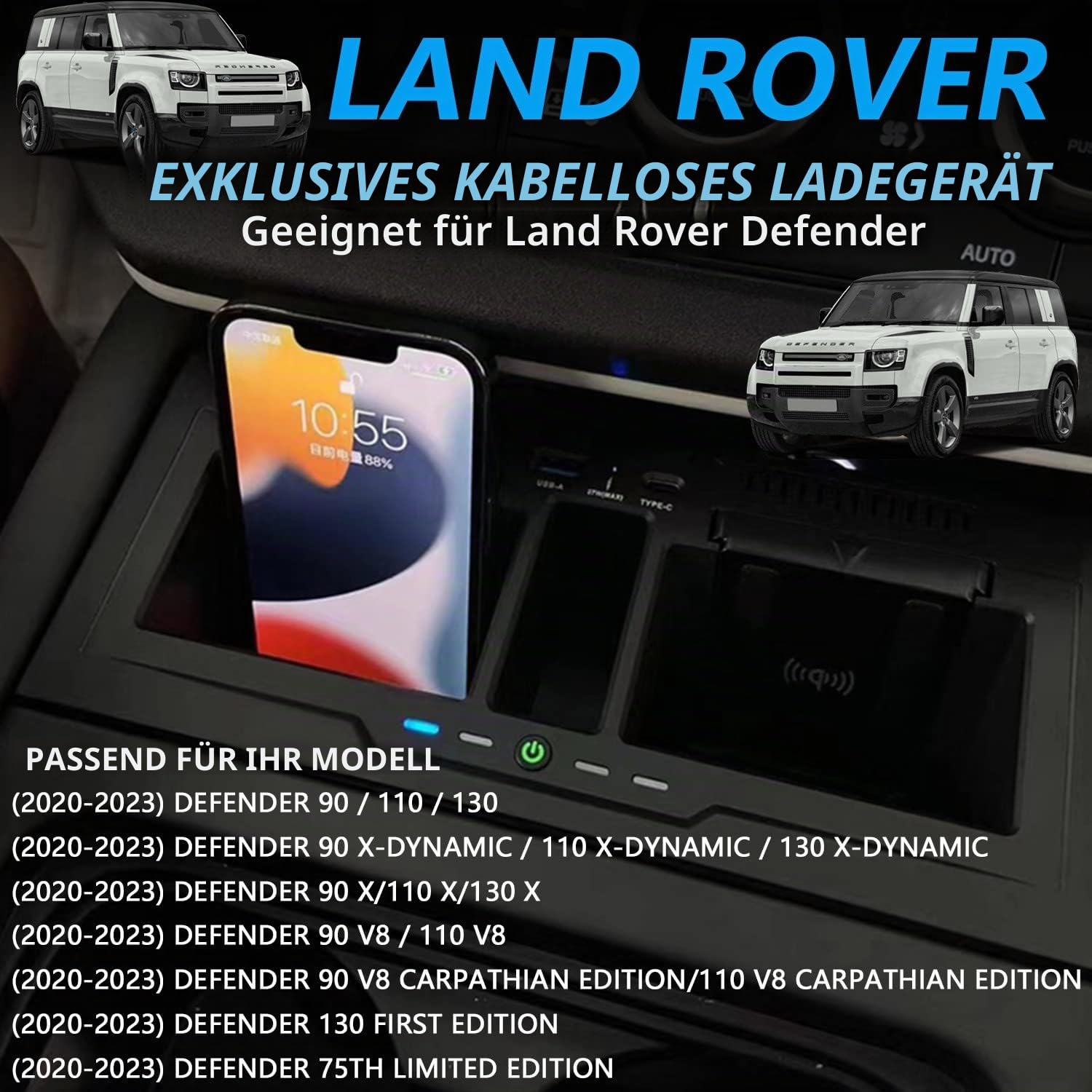 Duales Kabelloses Ladegerät für Land Rover Defender 90 110 130 2020-2024 | 15W Schnellladendes Handy-Ladegerät mit 27W USB & Type-C für Land Rover Defender 90 110 130 X/X-DYNAMIC/V8/CARPATHIAN Zubehör