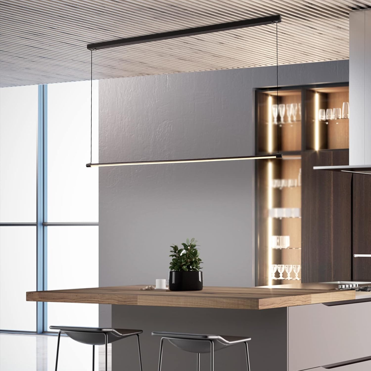 Pendant Linear Island Light, Modern LED Pendant Lighting for Bedroom Dining Room Table, Adjustable Height Hanging Light Fixture,Remot dimmable (47" /120CM)