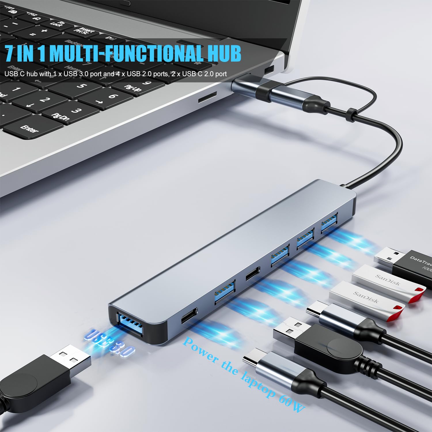 ?Upgrade? USB C/USB Hub, BERLAT Aluminum 7 in 1 USB C & USB Hub with USB 3.0, USB 2.0 Ports for PC/Laptops/MacBook Pro/Air/iMac/iPad and More Devices