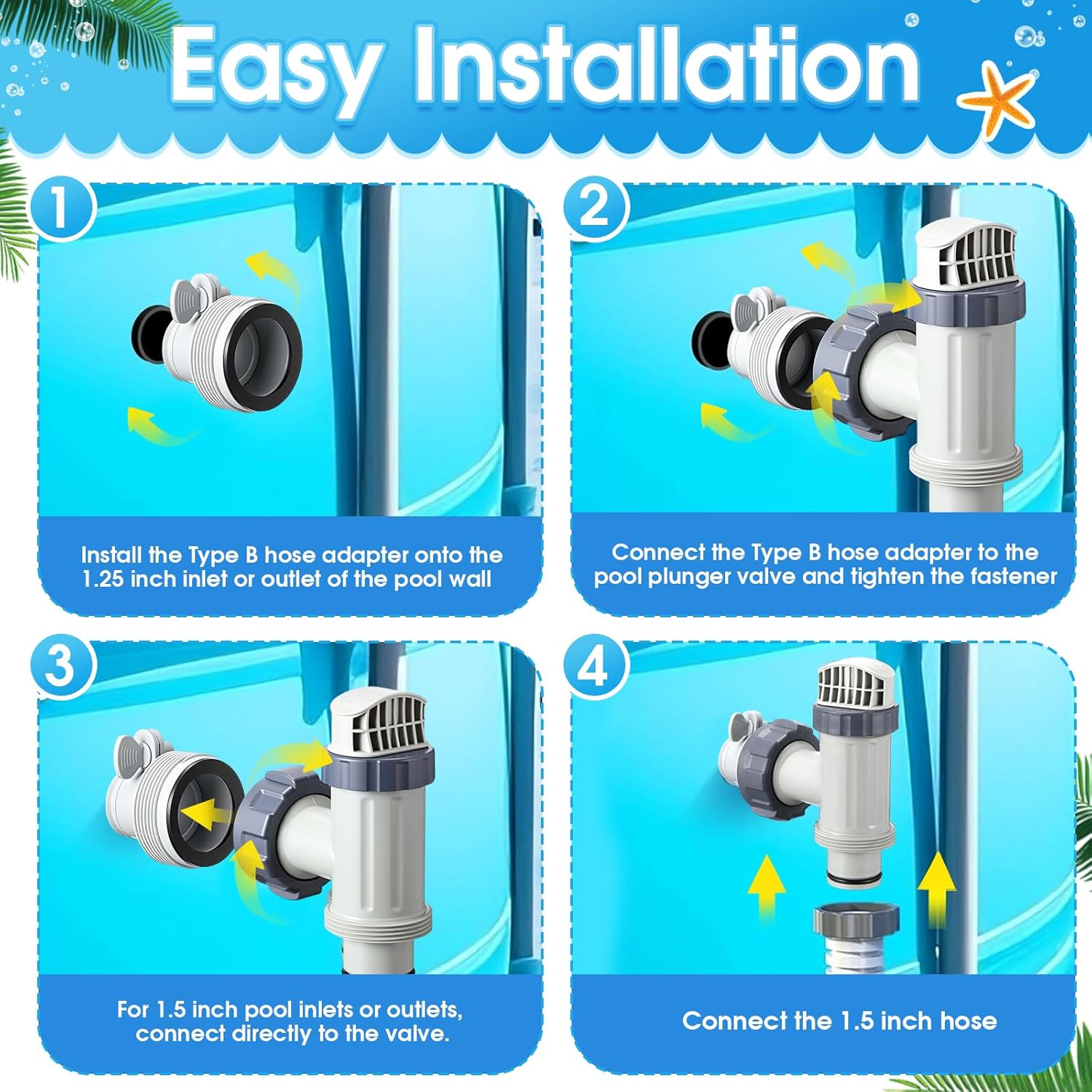 Gerrii 2 Pack Above Ground Pool Plunger Valve and Type B Hose Adapters Kit - Compatible with Intex Pool Replacement Parts, 1.25" to 1.5" Hose Adapter Shut Off Valve for Filter Pump Accessories