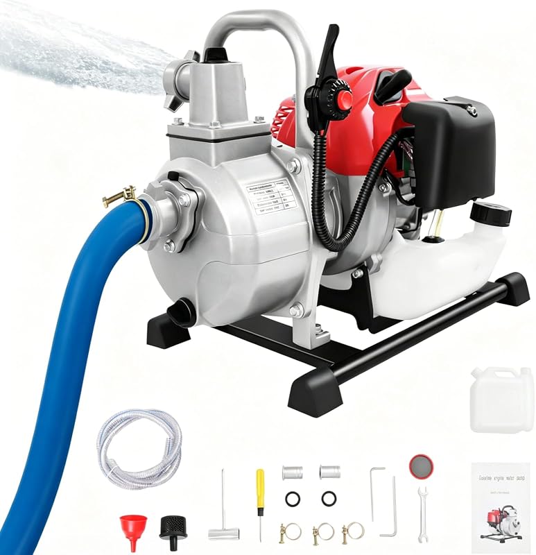 Bomba de agua a gas de 1,7 HP,Bomba de basura portátil de 43 cc 1250 W,Altura de succión de 10 m³/h 26 pies,Bomba de gasolina de elevación máxima de 98 pies para riego de jardines,Riego de tierras agrícolas