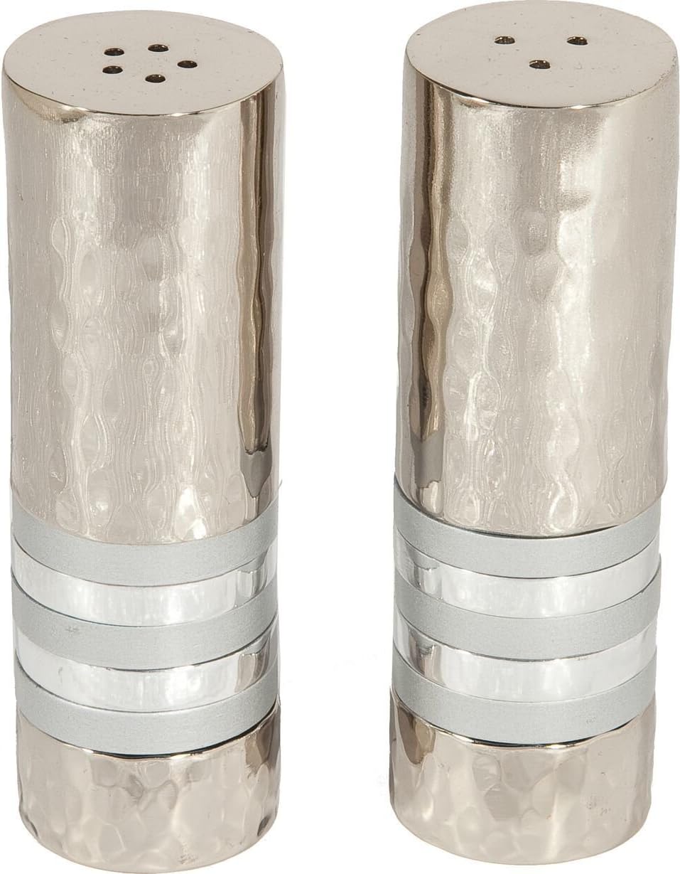 Yair Emanuel Salt and Pepper Shaker Set Hammered Nickel - Silver Rings (SAB-4)
