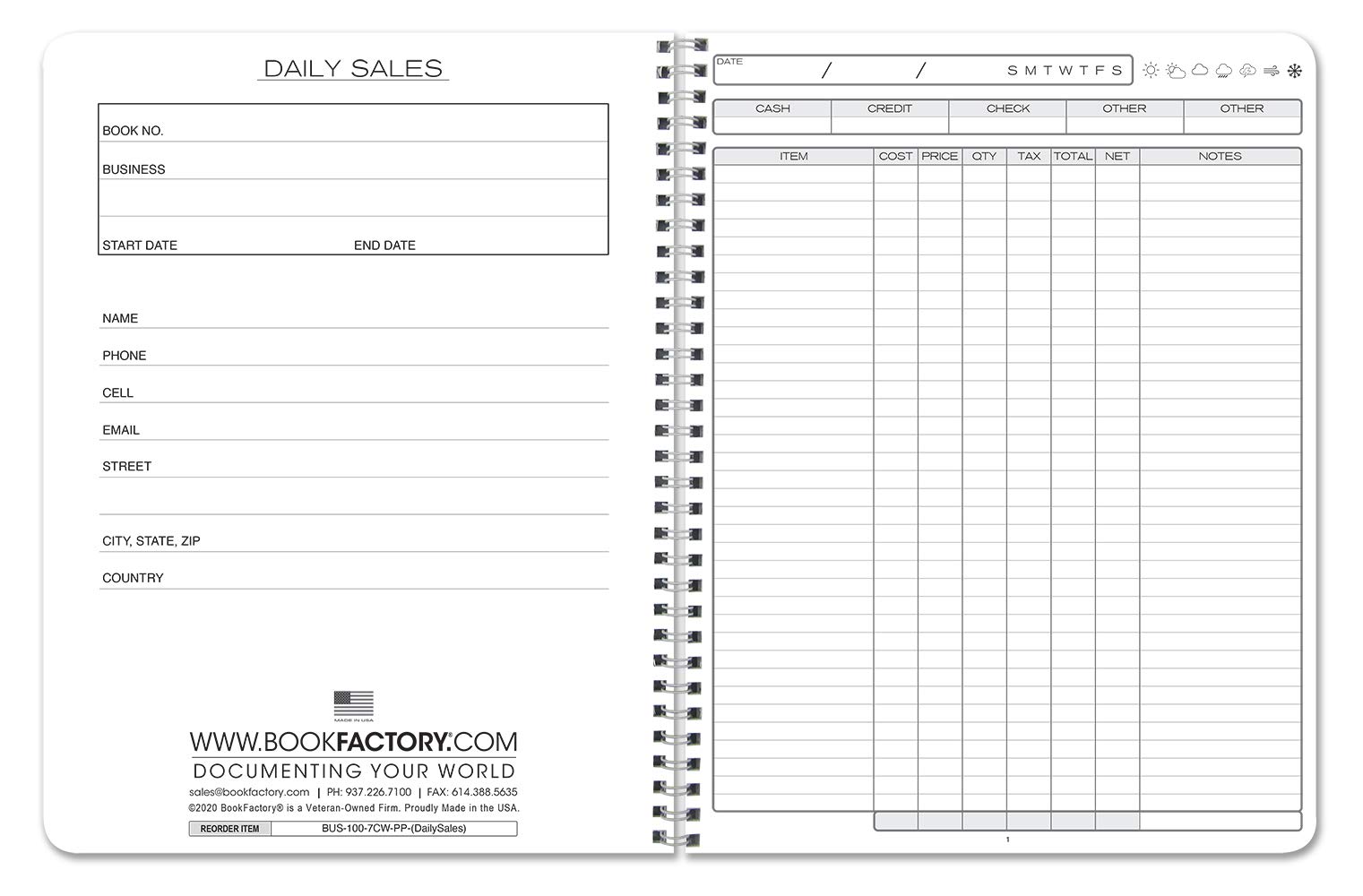 BookFactory Cuaderno de registro de ventas diarias, Wire-O, 100 páginas | Registro de resumen de ventas para pequeñas empresas, 8.5 x 11 pulgadas, fabricado en Estados Unidos