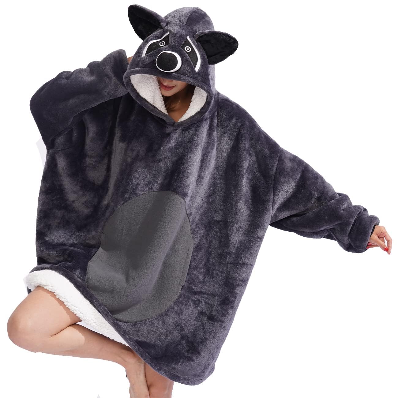 Adult Raccoon Hooded Wearable Blanket, Oversized Sherpa Blanket Costume Women