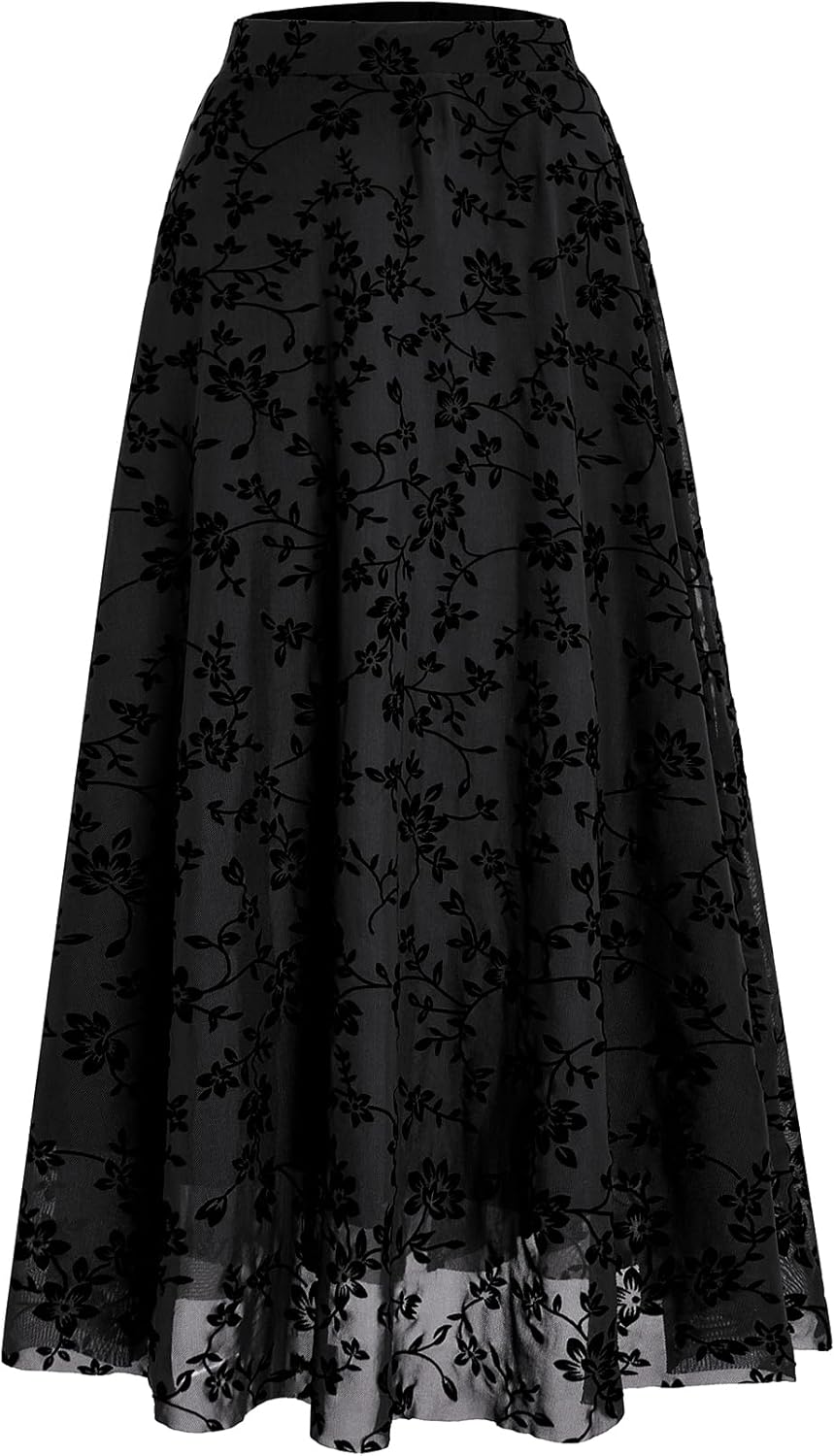 Verdusa Women's Long Maxi Skirts Y2k Gothic Flowy Ruffle Skirt Boho Floral Print Mesh Going Out Outfits
