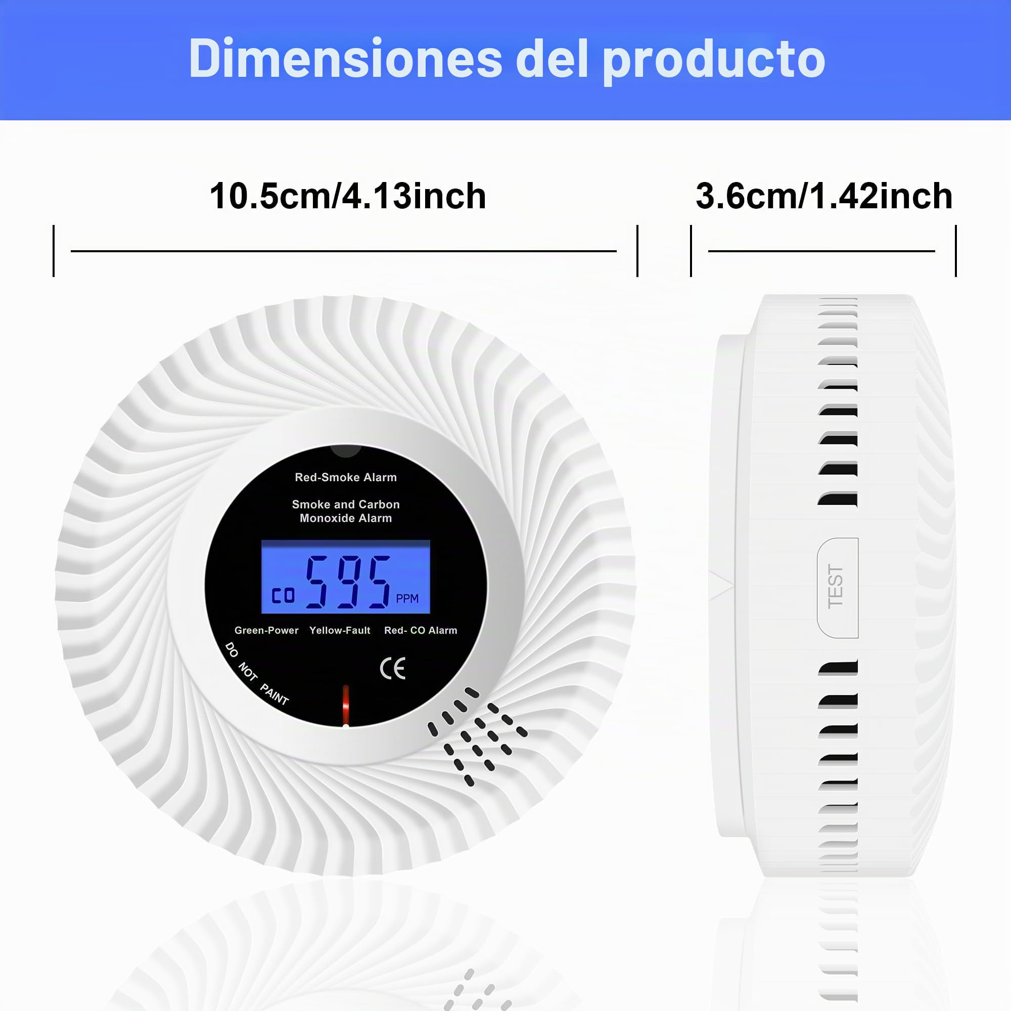 Detector de Humo y monóxido de Carbono Scondaor con Pantalla LCD y batería de 10 años, alarmas de Humo para el hogar, Detector de Humo y CO con botón de Prueba/Silencio, 1 Pieza
