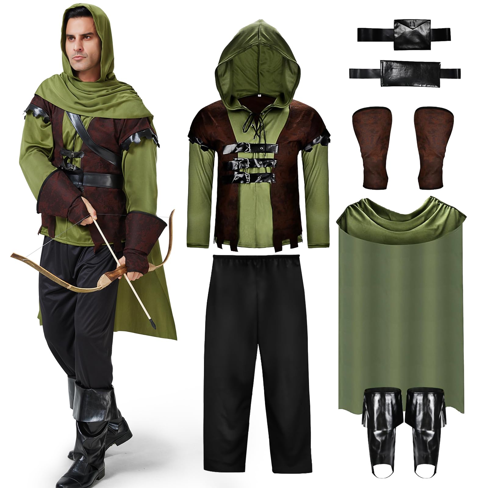 Joellfuner Robin Hood Disfraz, Disfraz de Robin Hood para adulto, Disfraz de Arquero, Renaissance Disfraz Robin Hood, Adecuado para disfraces medievales y fiestas de disfraces de carnaval